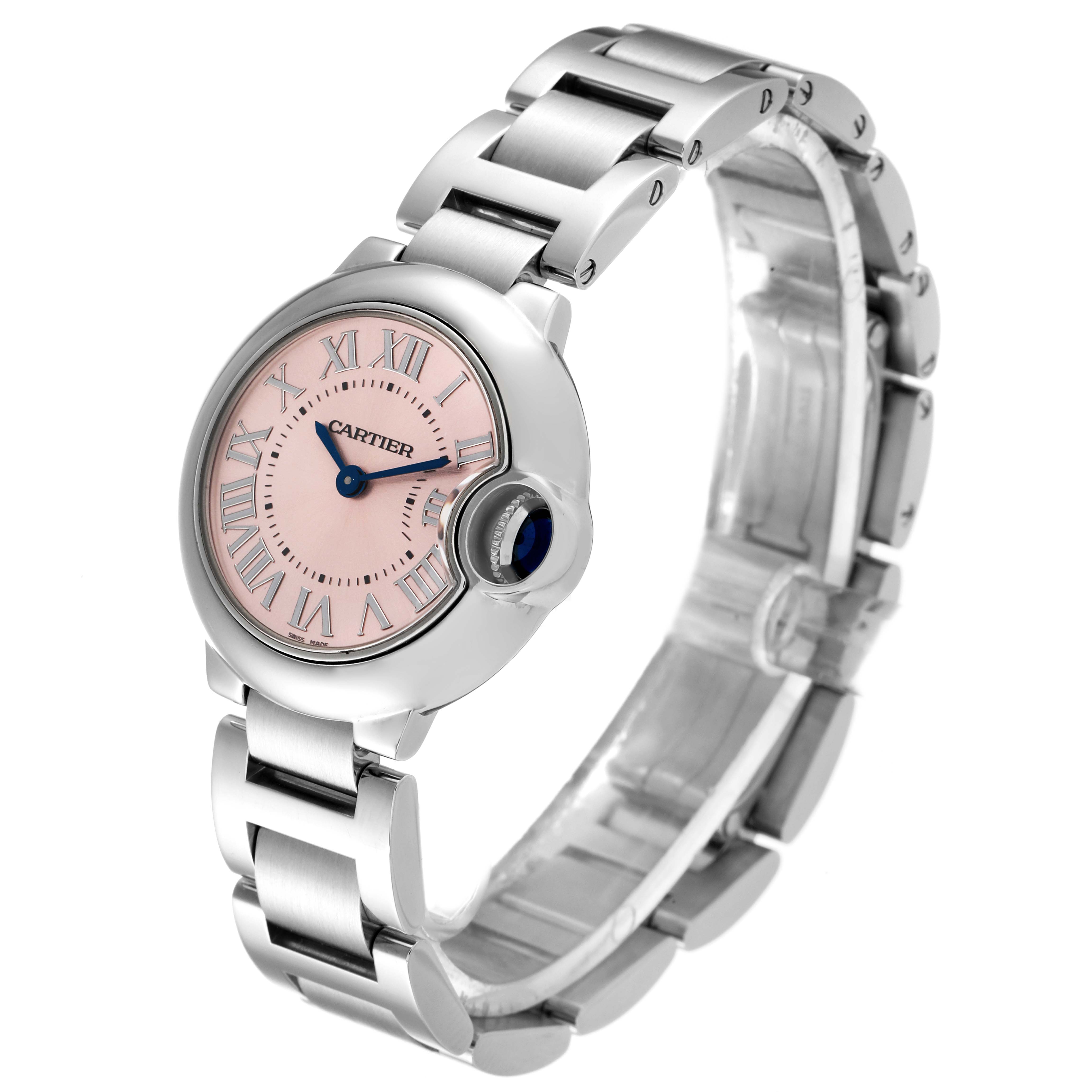 The image shows a side and front angle of a Cartier Ballon Bleu W6920038 Women
s Stainless Steel Pink Dial W6920038 Women
s Stainless Steel Pink Dial watch, featuring a pink dial and metal bracelet.