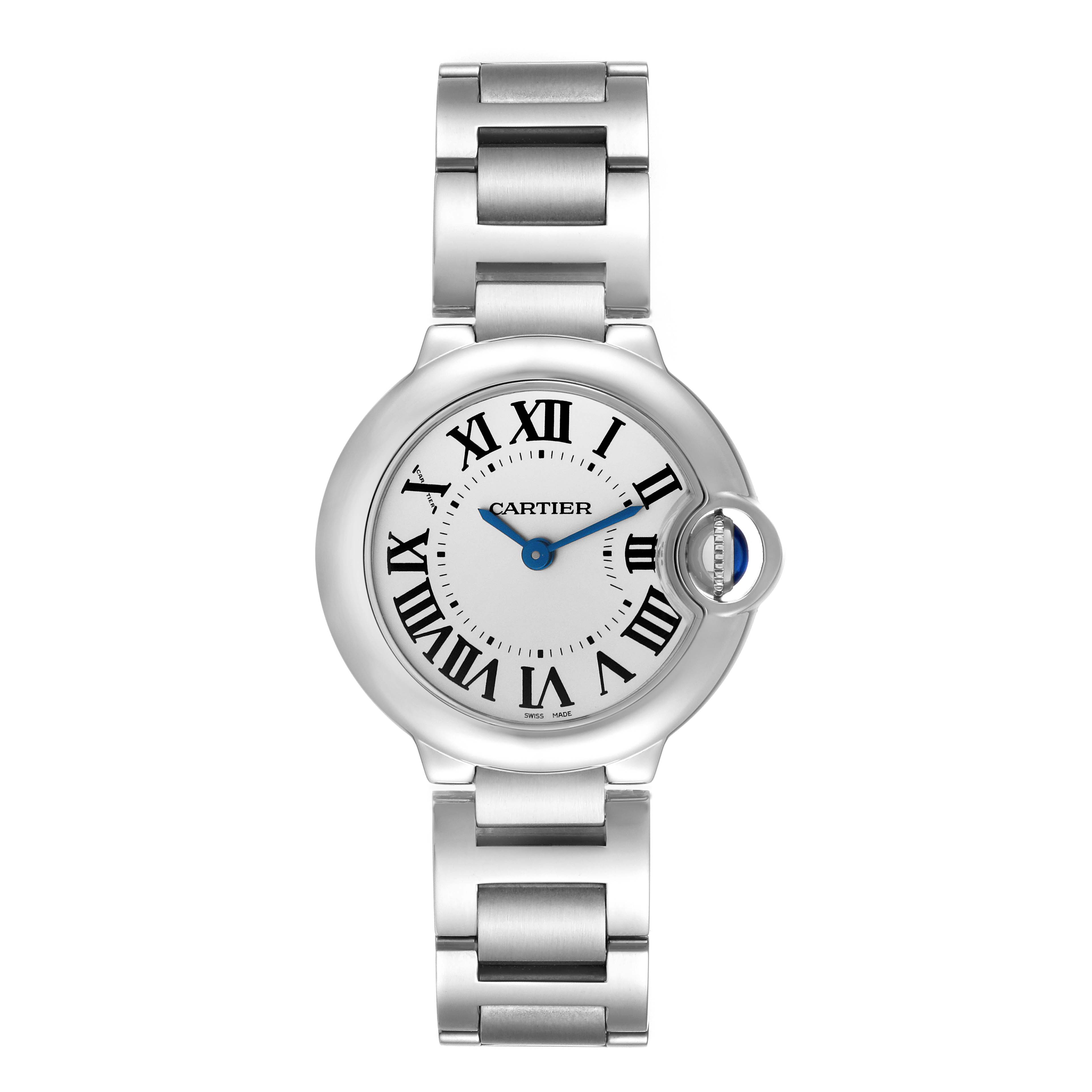 This image shows a frontal view of the Cartier Ballon Bleu W69010Z4 Women
s Stainless Steel Silver Dial W69010Z4 Women
s Stainless Steel Silver Dial watch, detailing its face, hands, and metal bracelet.