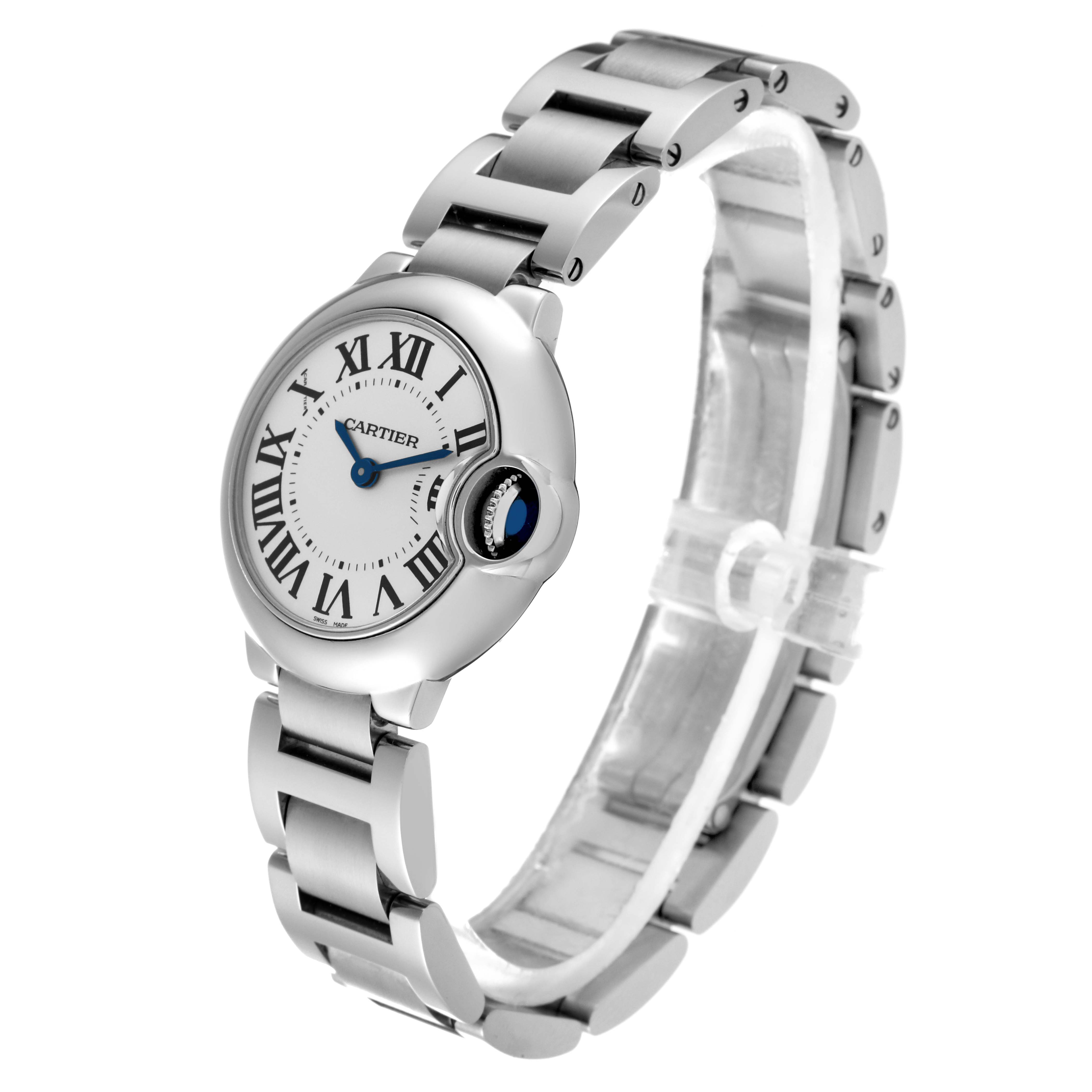 The image shows a Cartier Ballon Bleu W69010Z4 Women
s Stainless Steel Silver Dial W69010Z4 Women
s Stainless Steel Silver Dial watch at an angle that highlights the face, bracelet, and crown.
