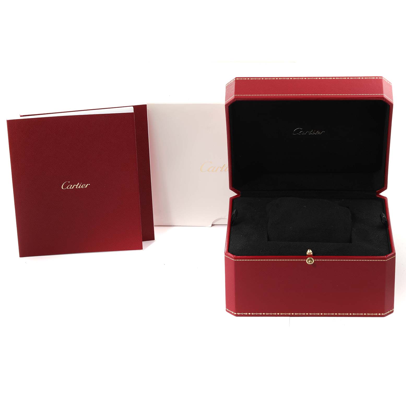 The image shows the packaging components for the Cartier Ballon Bleu W69010Z4 Women
s Stainless Steel Silver Dial W69010Z4 Women
s Stainless Steel Silver Dial watch, including a red box, a black interior cushion, and relevant documents.