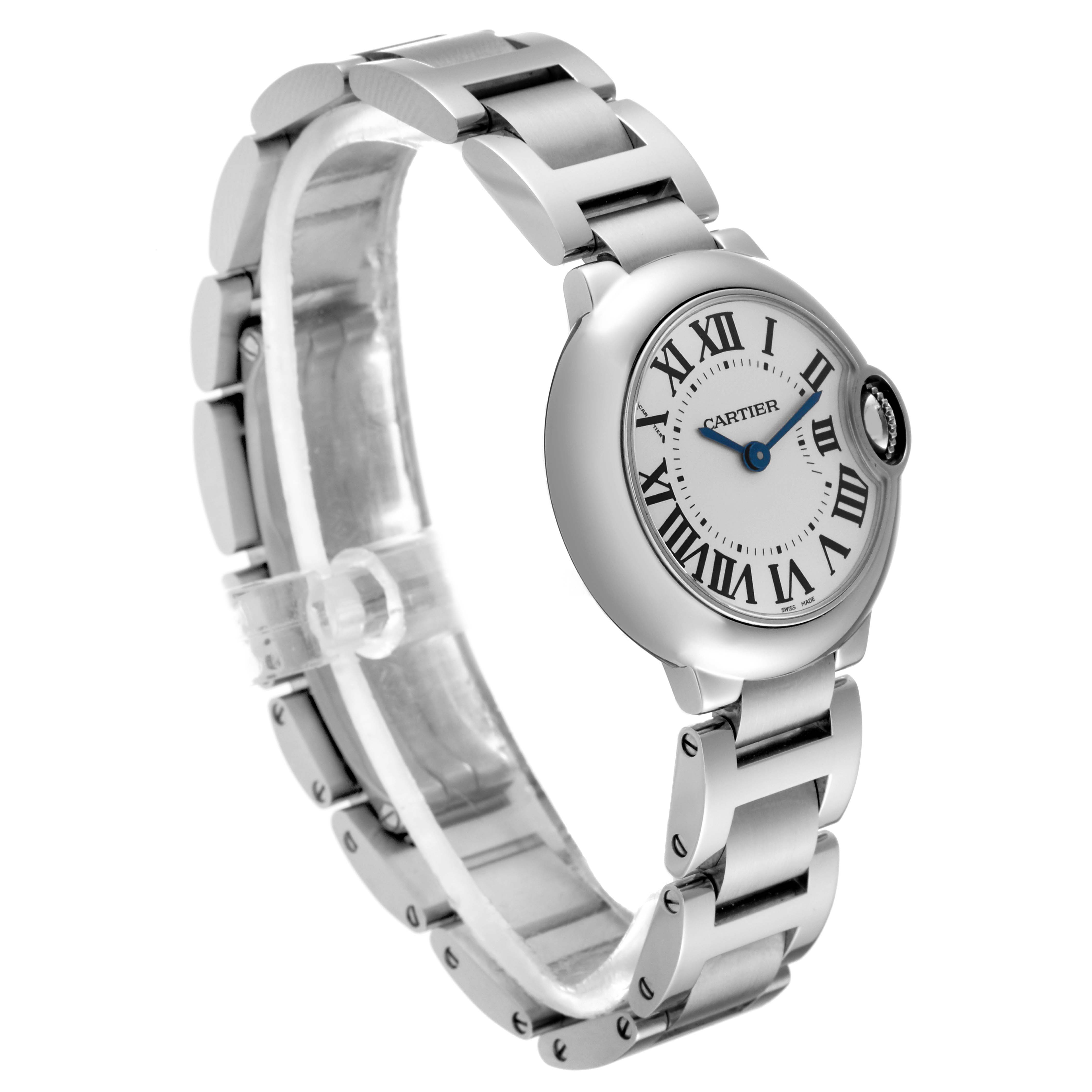 The image shows a side angle view of a Cartier Ballon Bleu W69010Z4 Women
s Stainless Steel Silver Dial W69010Z4 Women
s Stainless Steel Silver Dial watch, highlighting the face, Roman numerals, and metal bracelet.