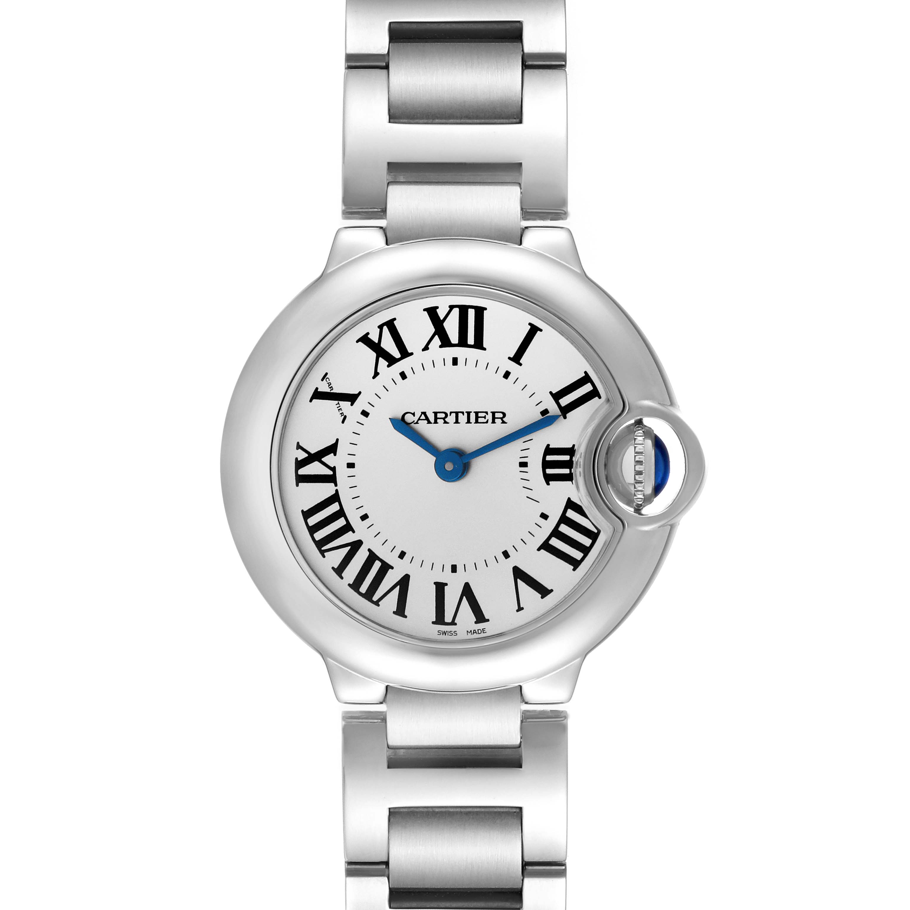 This image shows a front view of the Cartier Ballon Bleu W69010Z4 Women
s Stainless Steel Silver Dial W69010Z4 Women
s Stainless Steel Silver Dial watch, displaying its face and part of the metal bracelet.