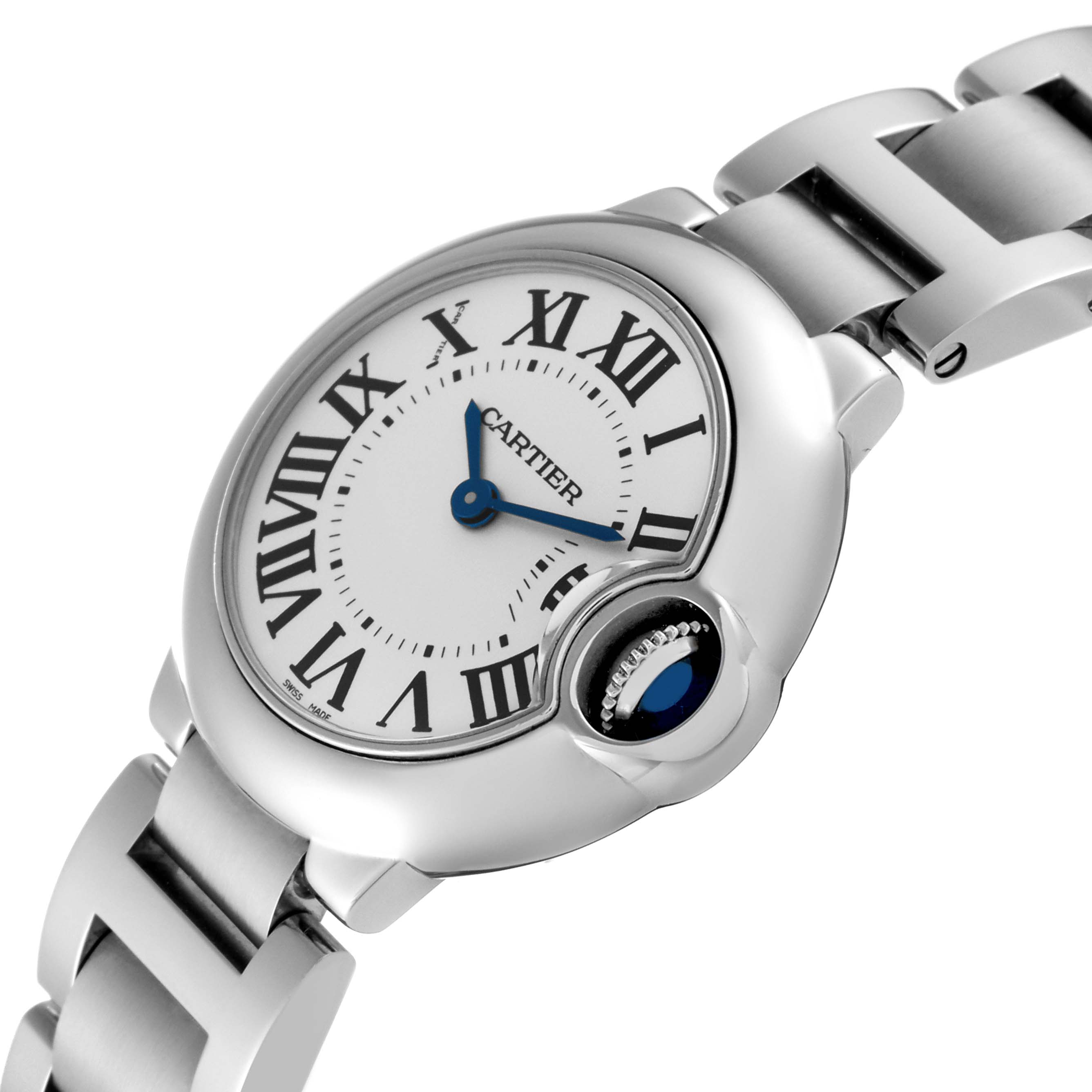 This image shows a Cartier Ballon Bleu W69010Z4 Women
s Stainless Steel Silver Dial W69010Z4 Women
s Stainless Steel Silver Dial watch from a side angle, highlighting the case, dial, and bracelet.