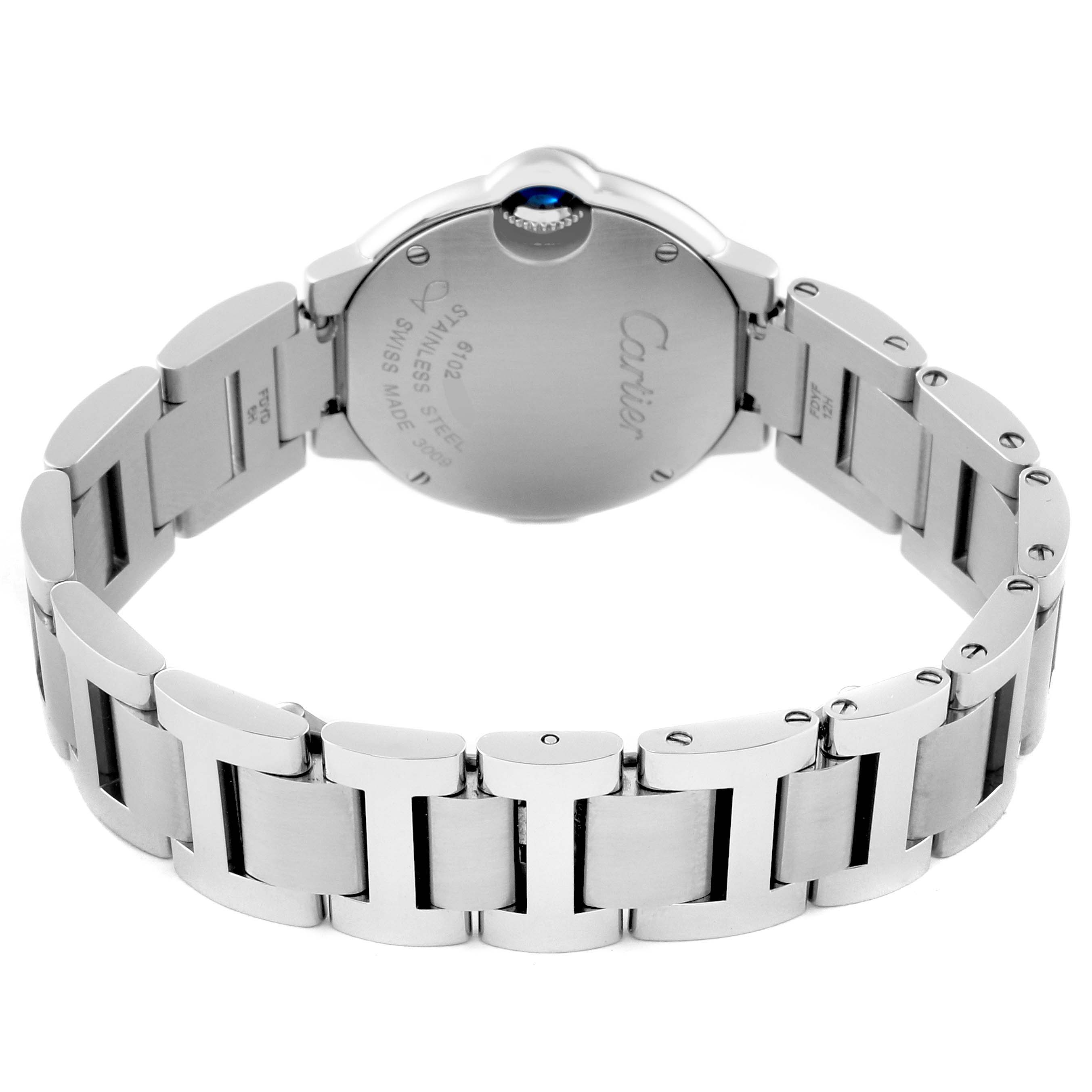 The image shows the back of the Cartier Ballon Bleu W69010Z4 Women
s Stainless Steel Silver Dial W69010Z4 Women
s Stainless Steel Silver Dial watch, highlighting its stainless steel bracelet and case back.