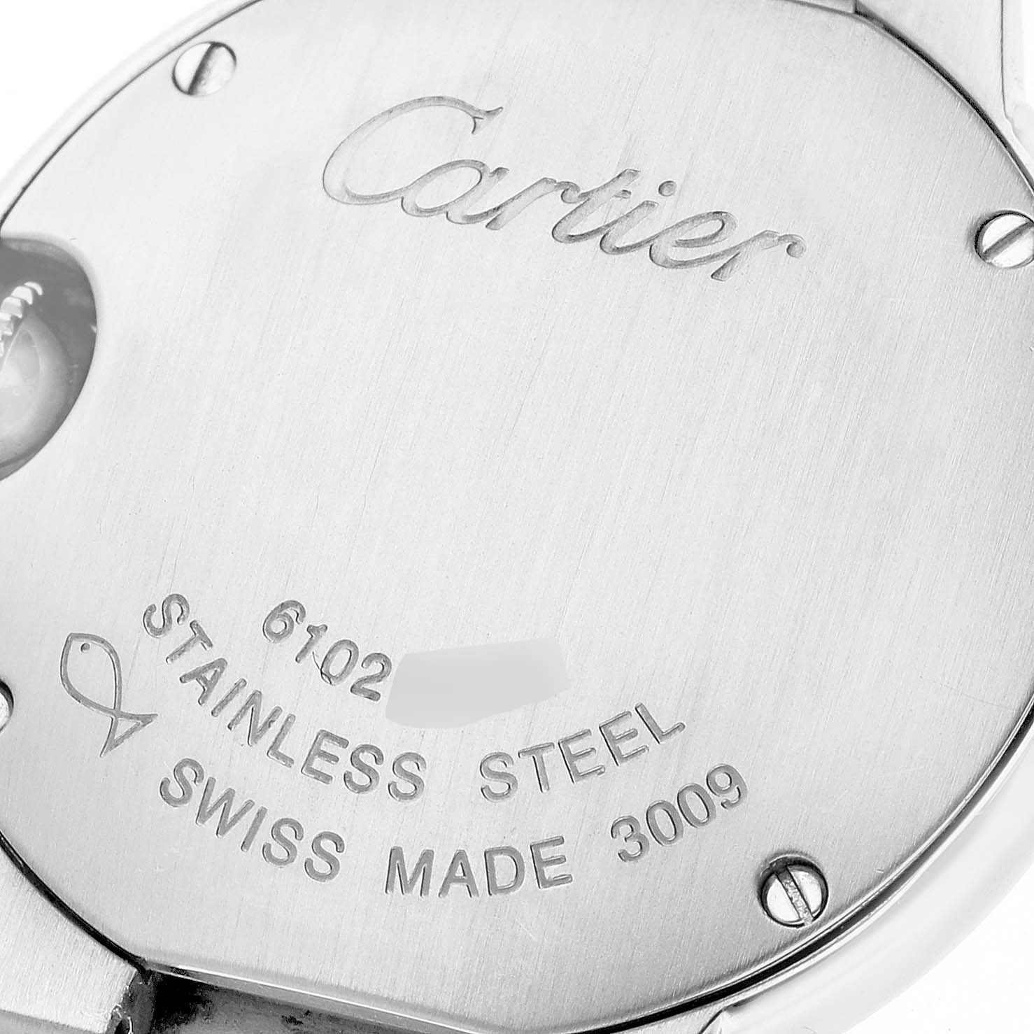 The image shows the back of a Ballon Bleu by Cartier watch, highlighting the brand name, model details, and stainless steel marking.