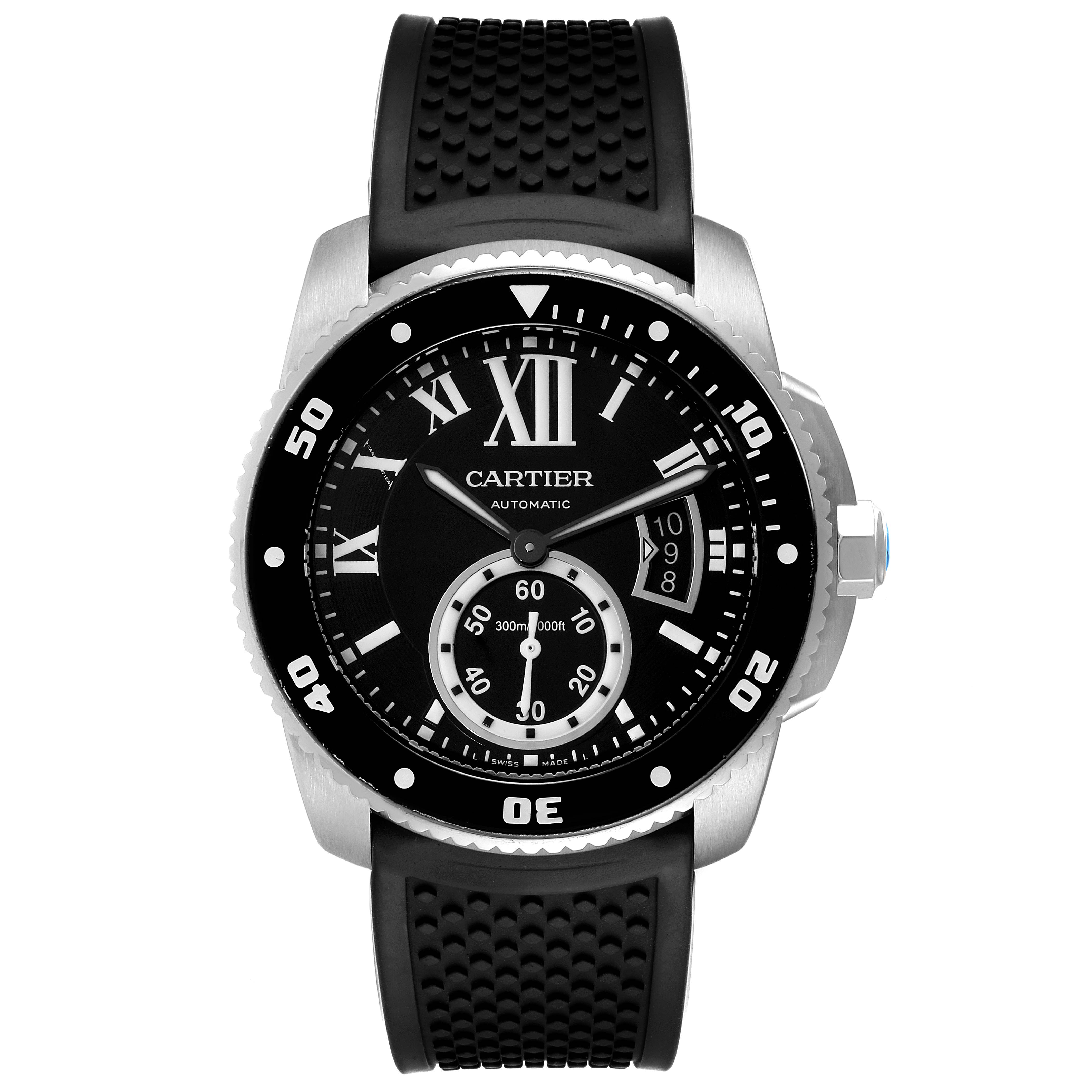 This image shows a front view of the Calibre de Cartier model by Cartier, featuring the watch face, bezel, and rubber strap.