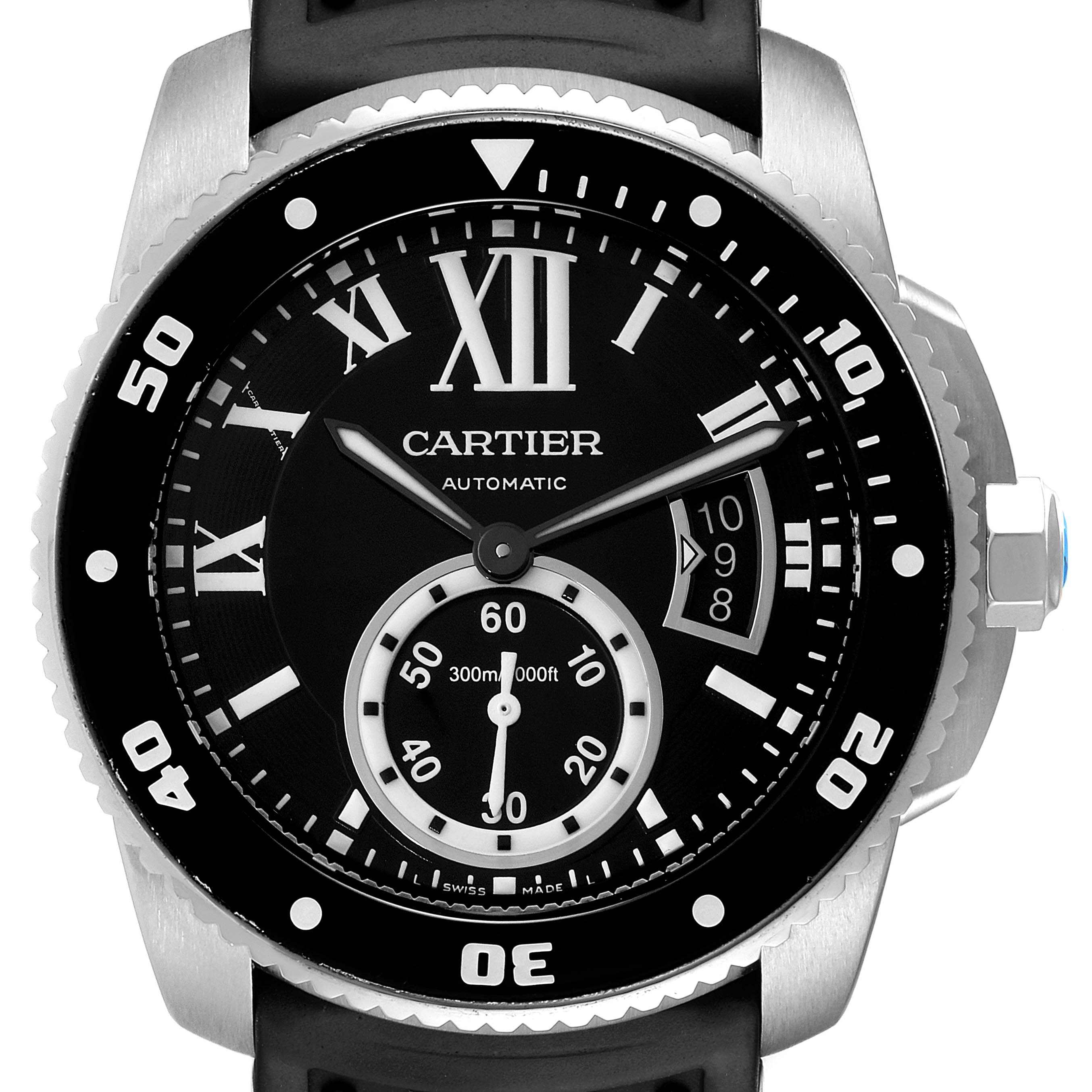 The image shows a frontal view of a Calibre de Cartier watch by Cartier, displaying the bezel, dial, hands, and crown.