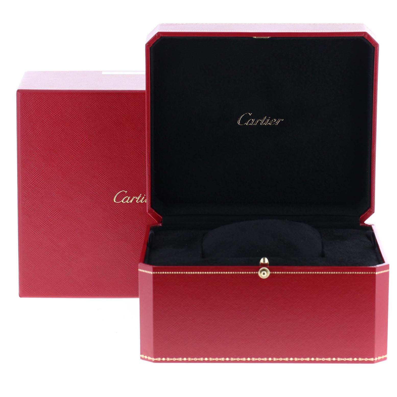 The image shows the open red presentation box with "Cartier" branding for the Calibre de Cartier watch by Cartier.
