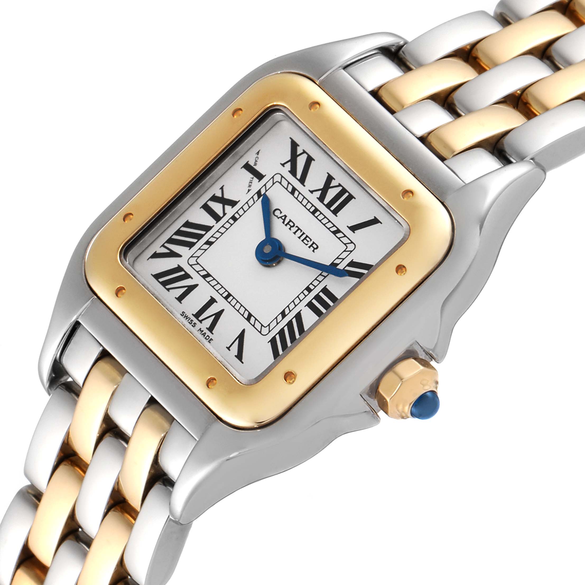 The image shows a close-up of the Cartier Panthère watch, displaying its face, bezel, and part of the bracelet.