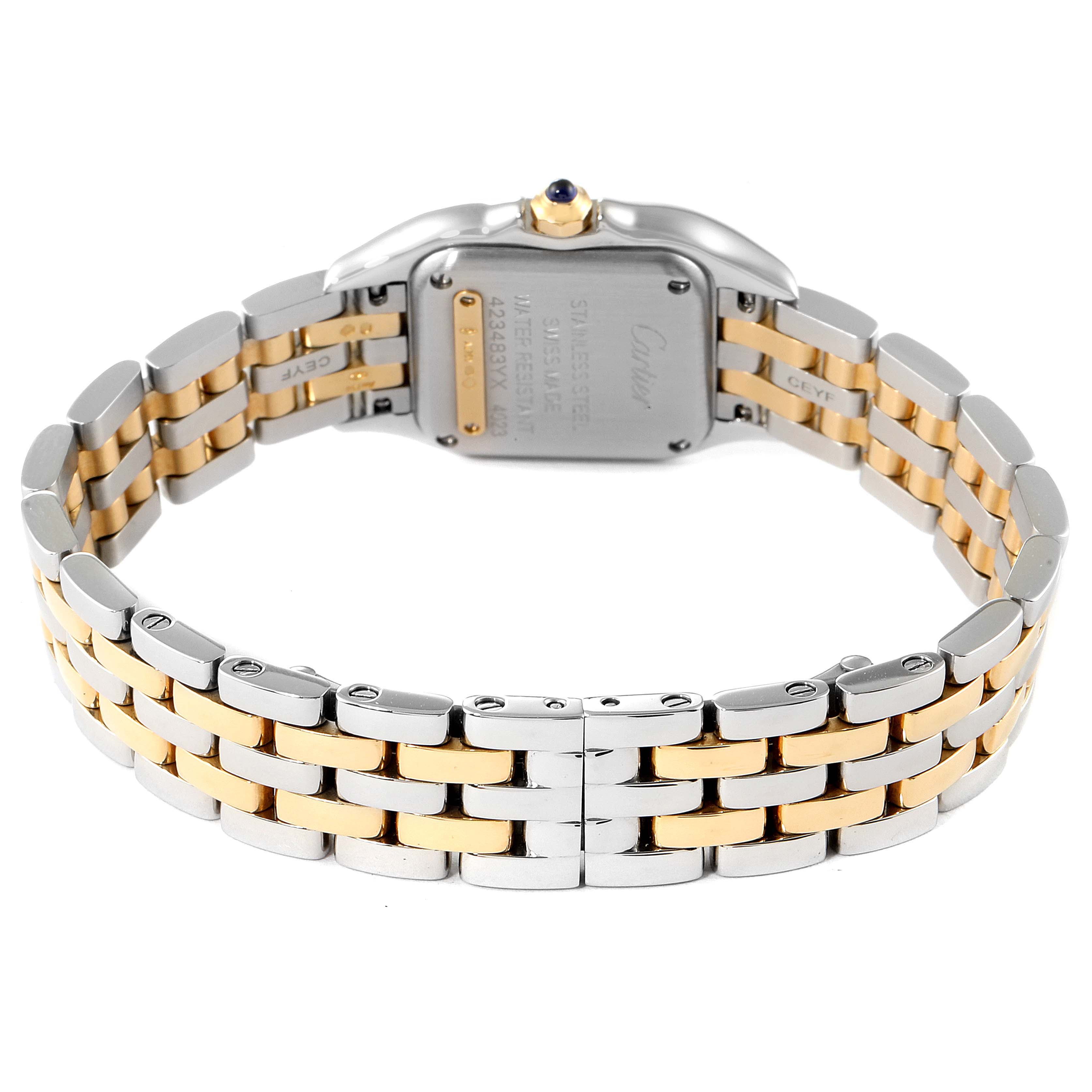 This image shows the back view of a Cartier Panthere W2PN0006 Women's Steel and Gold (two tone) Silver Dial W2PN0006 Women's Steel and Gold (two tone) Silver Dial watch, highlighting its gold and silver bracelet and sapphire crown.