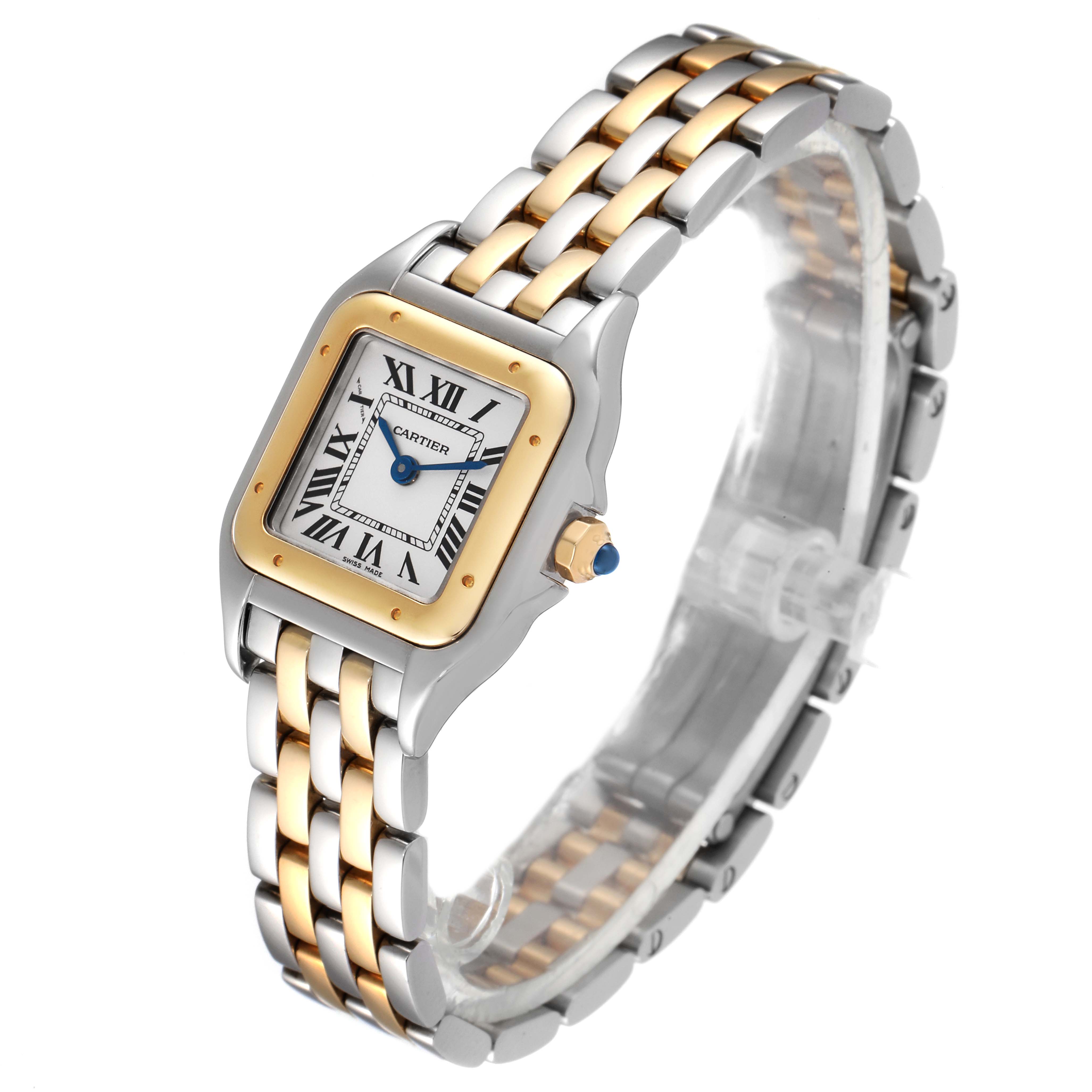The image shows a Cartier Panthere W2PN0006 Women's Steel and Gold (two tone) Silver Dial W2PN0006 Women's Steel and Gold (two tone) Silver Dial watch at a three-quarter angle, highlighting its two-tone metal bracelet and square face with Roman numerals.
