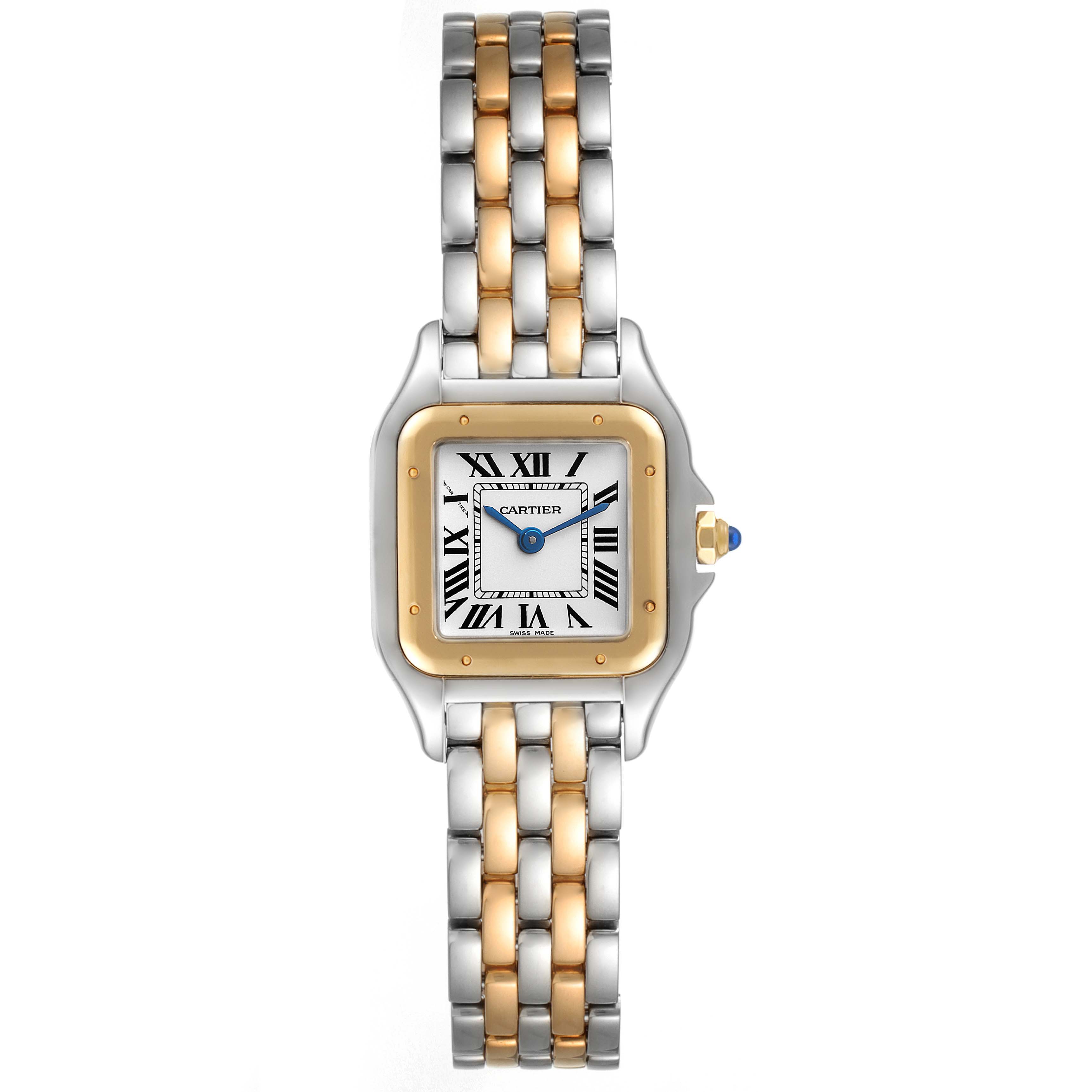 The Cartier Panthere W2PN0006 Women's Steel and Gold (two tone) Silver Dial W2PN0006 Women's Steel and Gold (two tone) Silver Dial watch is shown from a top-down angle, featuring its face, bezel, and two-tone bracelet.