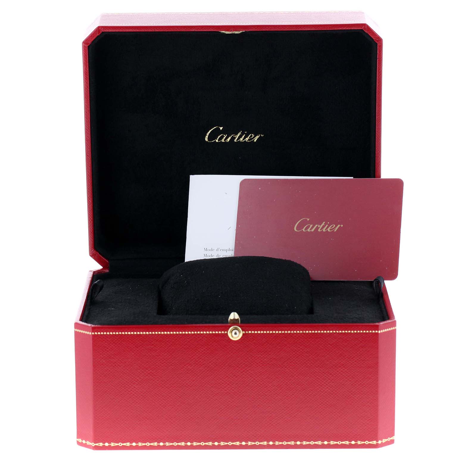 The image shows an open Cartier box for the Panthere model with a card and documents inside.