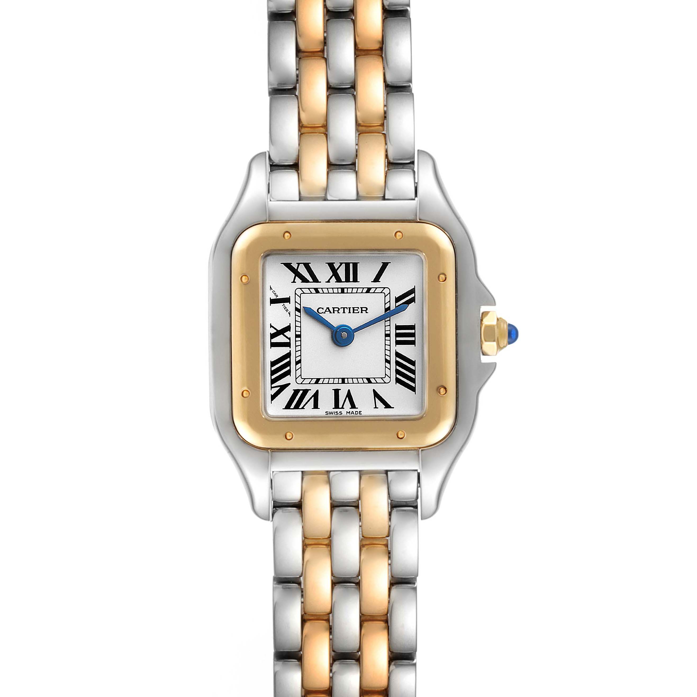 This image shows a front view of a Panthere model watch by Cartier, highlighting the dial, case, and bracelet.