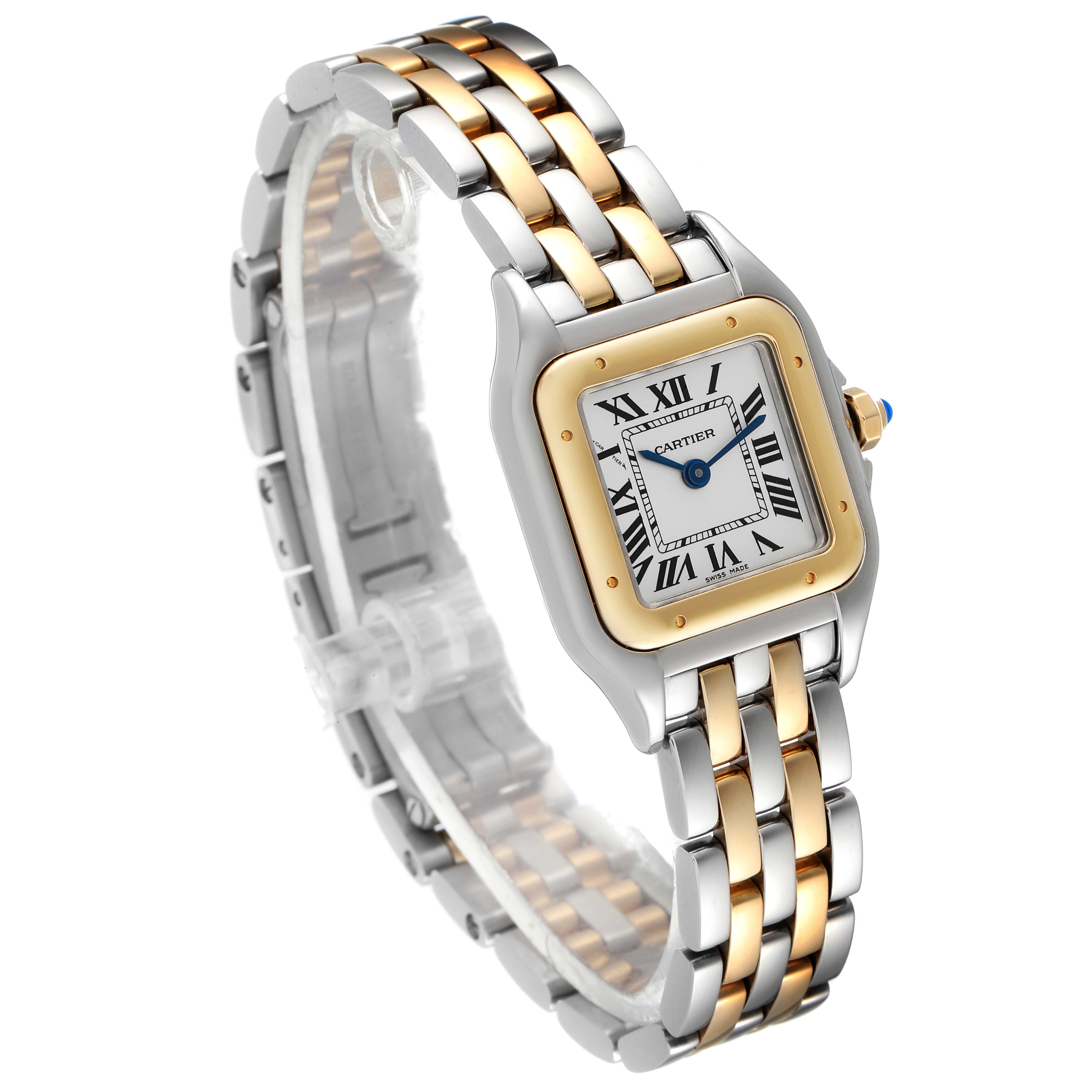 The image shows a Cartier Panthere W2PN0006 Women's Steel and Gold (two tone) Silver Dial W2PN0006 Women's Steel and Gold (two tone) Silver Dial watch from an angled view, highlighting its two-tone bracelet and square face.