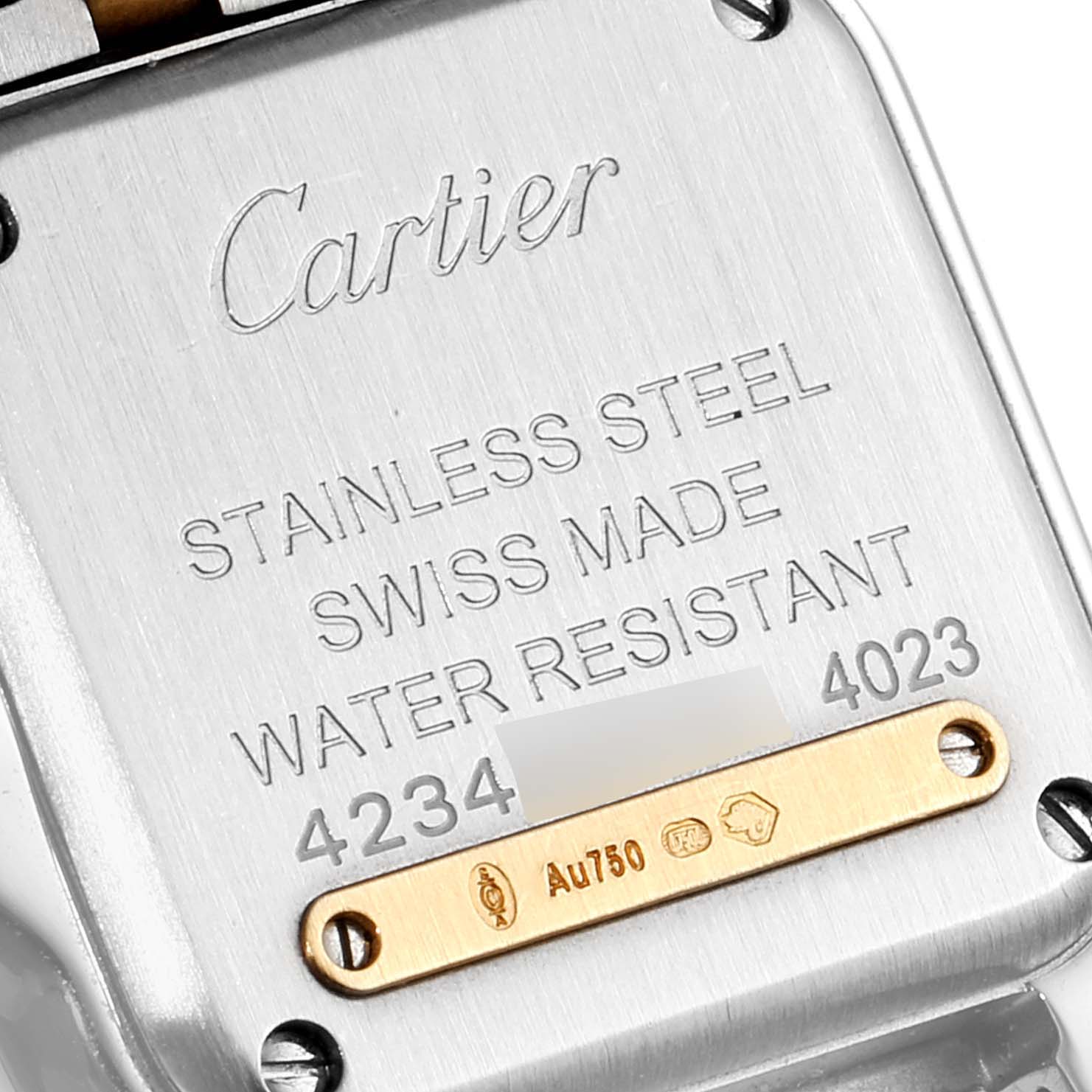 This image shows the back casing of a Cartier Panthere W2PN0006 Women's Steel and Gold (two tone) Silver Dial W2PN0006 Women's Steel and Gold (two tone) Silver Dial watch, highlighting its stainless steel, Swiss-made, and water-resistant features.
