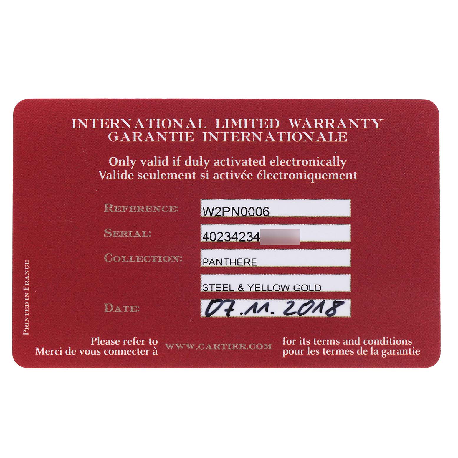 This is the international limited warranty card for the Cartier Panthere W2PN0006 Women's Steel and Gold (two tone) Silver Dial W2PN0006 Women's Steel and Gold (two tone) Silver Dial model watch.
