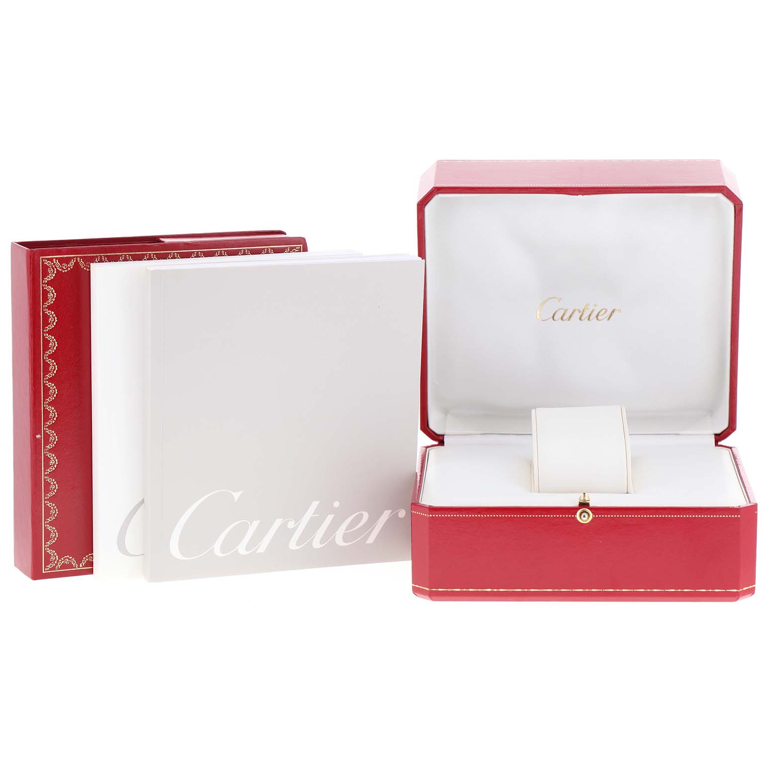 The image shows the packaging, open box, and booklet for the Cartier Panthere WJPN0015 Women's Yellow Gold Silver Dial WJPN0015 Women's Yellow Gold Silver Dial model watch.