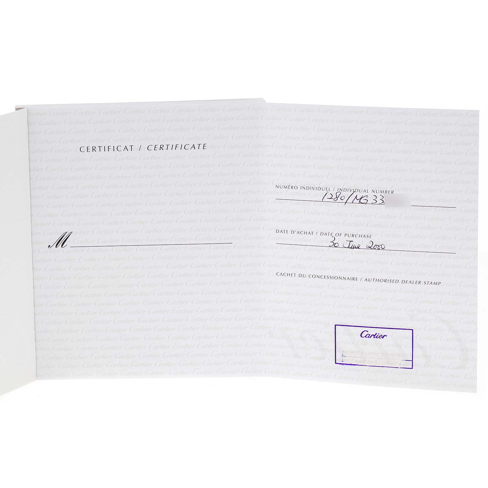 The image shows the authenticity certificate for the Cartier Panthère watch, displaying details such as the individual number and date of purchase.