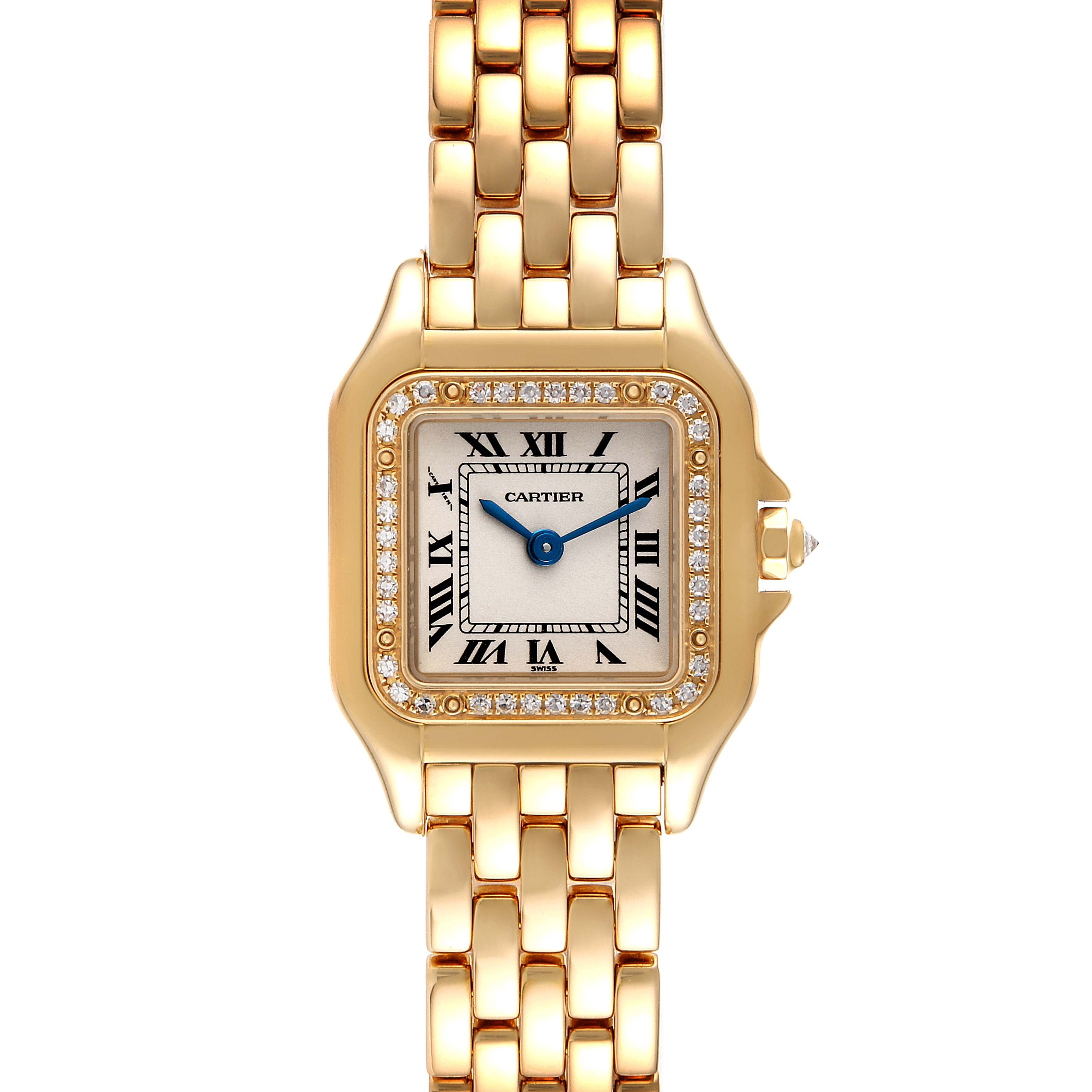 The image shows a front view of a Cartier Panthere WJPN0015 Women's Yellow Gold Silver Dial WJPN0015 Women's Yellow Gold Silver Dial watch, highlighting the gold case, diamond bezel, and linked bracelet.