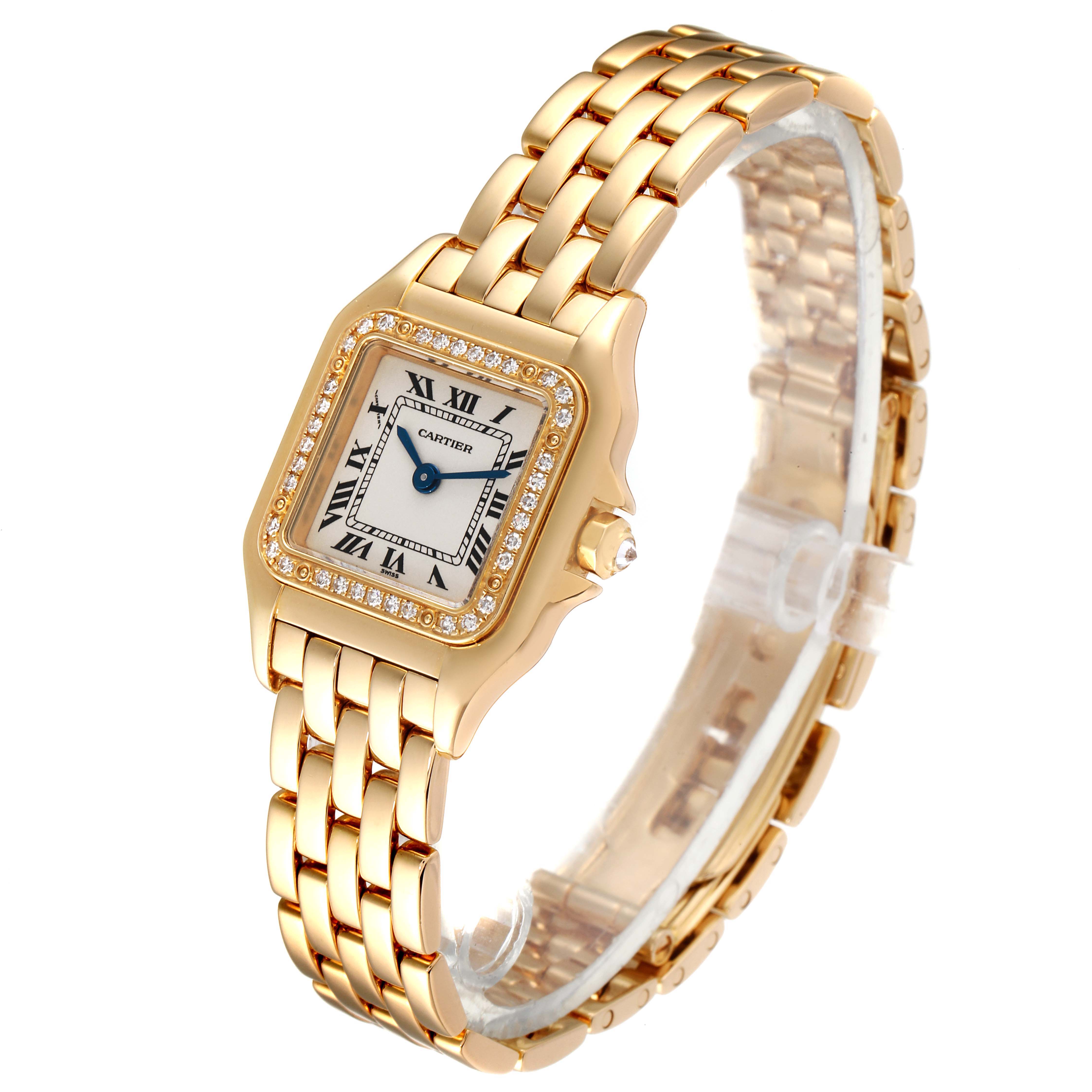 The image shows a Cartier Panthere WJPN0015 Women's Yellow Gold Silver Dial WJPN0015 Women's Yellow Gold Silver Dial watch from a side angle, highlighting its bracelet, bezel, and face with Roman numerals.