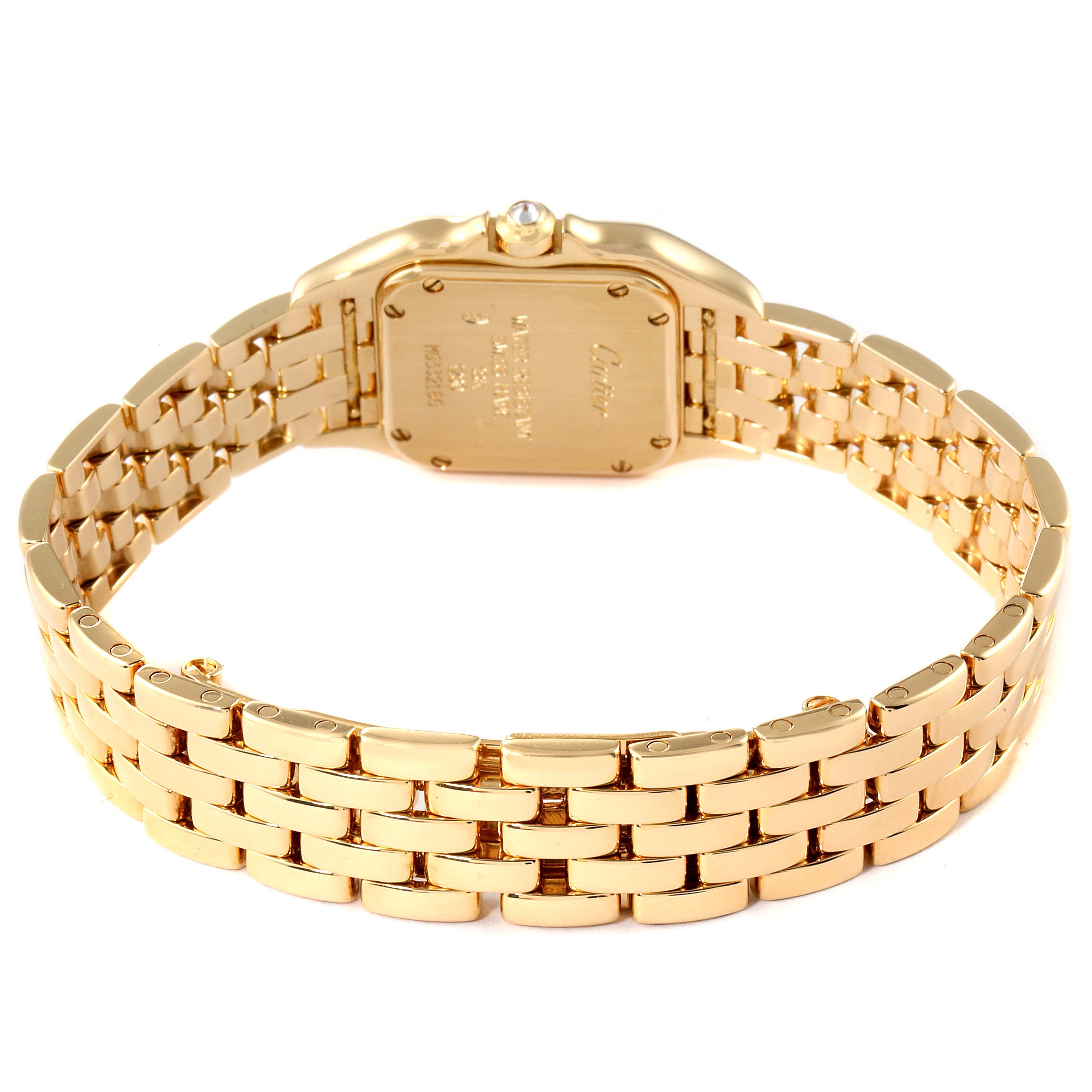 The image shows the rear view of the Cartier Panthere WJPN0015 Women's Yellow Gold Silver Dial WJPN0015 Women's Yellow Gold Silver Dial watch, highlighting its gold bracelet and case back.