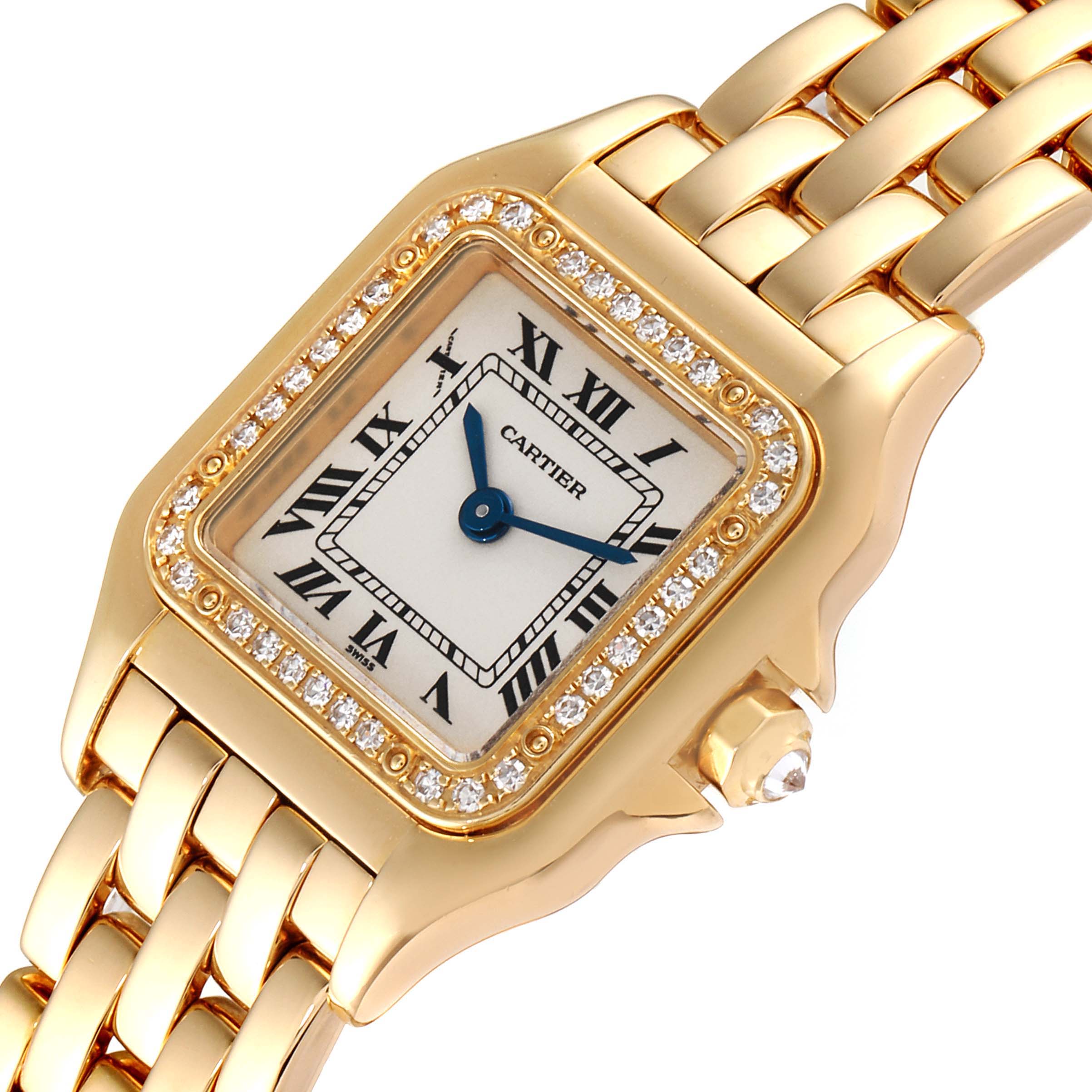 The image shows a close-up, angled view of the face and part of the bracelet of a Cartier Panthere WJPN0015 Women's Yellow Gold Silver Dial WJPN0015 Women's Yellow Gold Silver Dial watch.