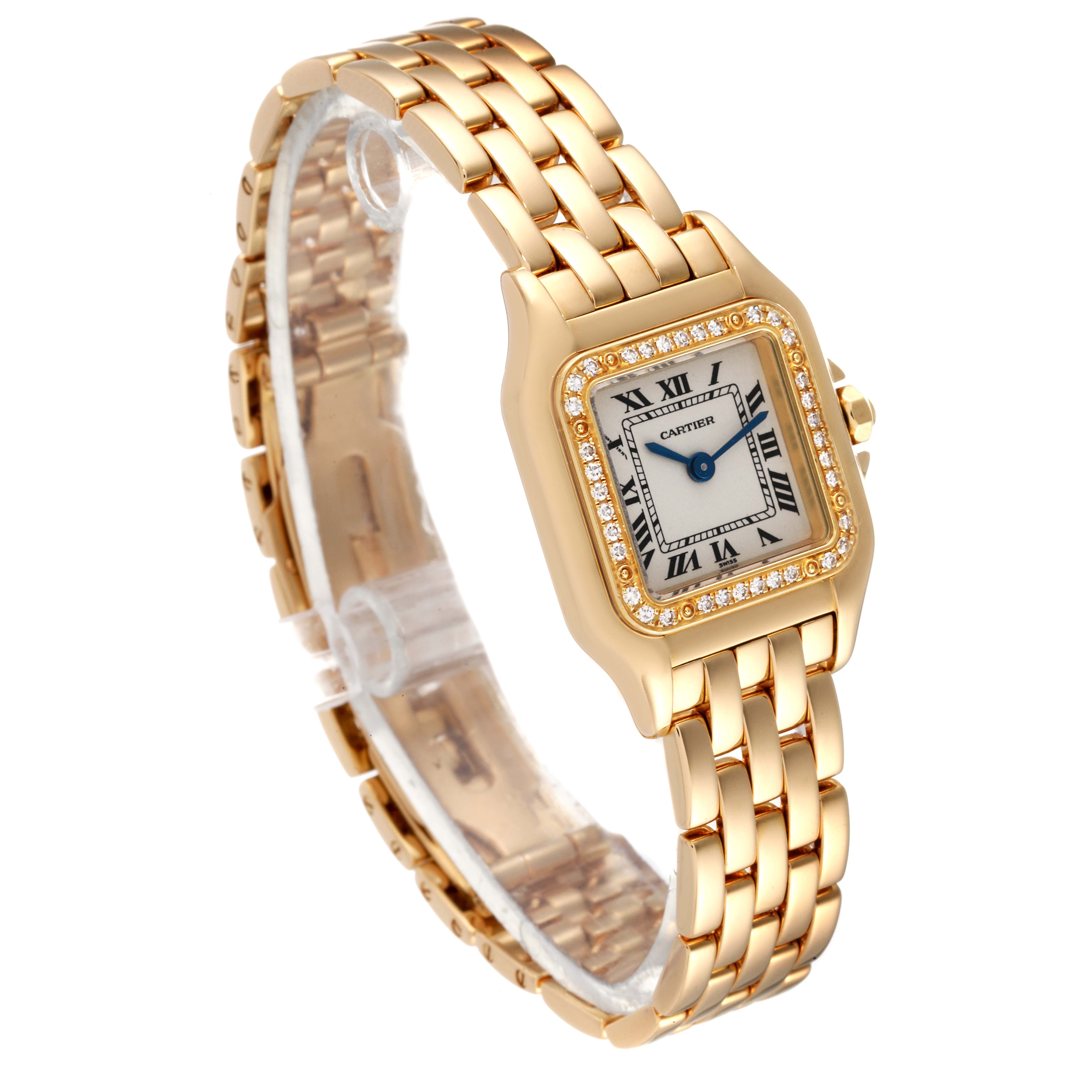 The image shows a side view of a Cartier Panthere WJPN0015 Women's Yellow Gold Silver Dial WJPN0015 Women's Yellow Gold Silver Dial watch, highlighting the gold bracelet, bezel, and dial.