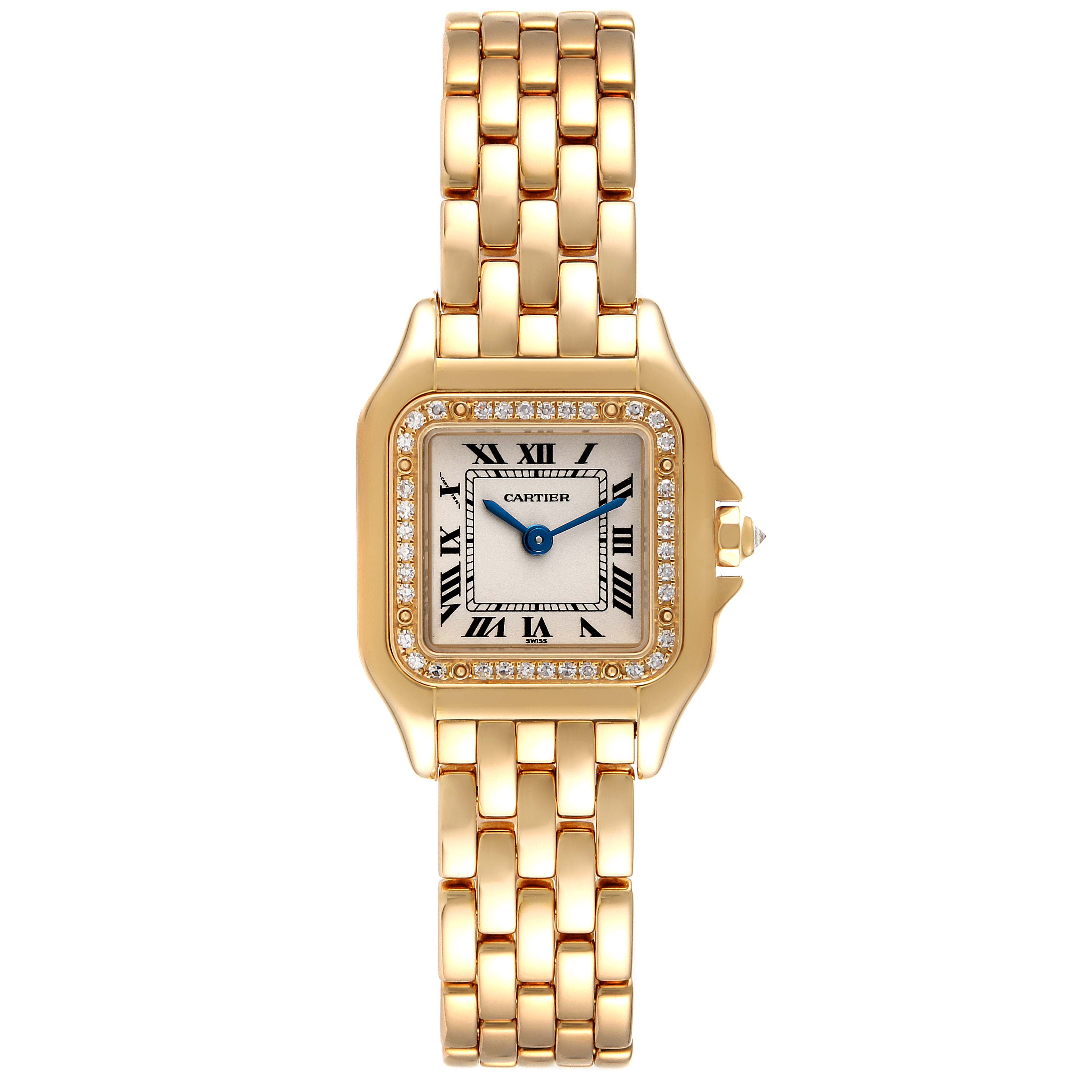 This is a front view of a Panthere model watch by Cartier, showing the face, bezel, and bracelet.