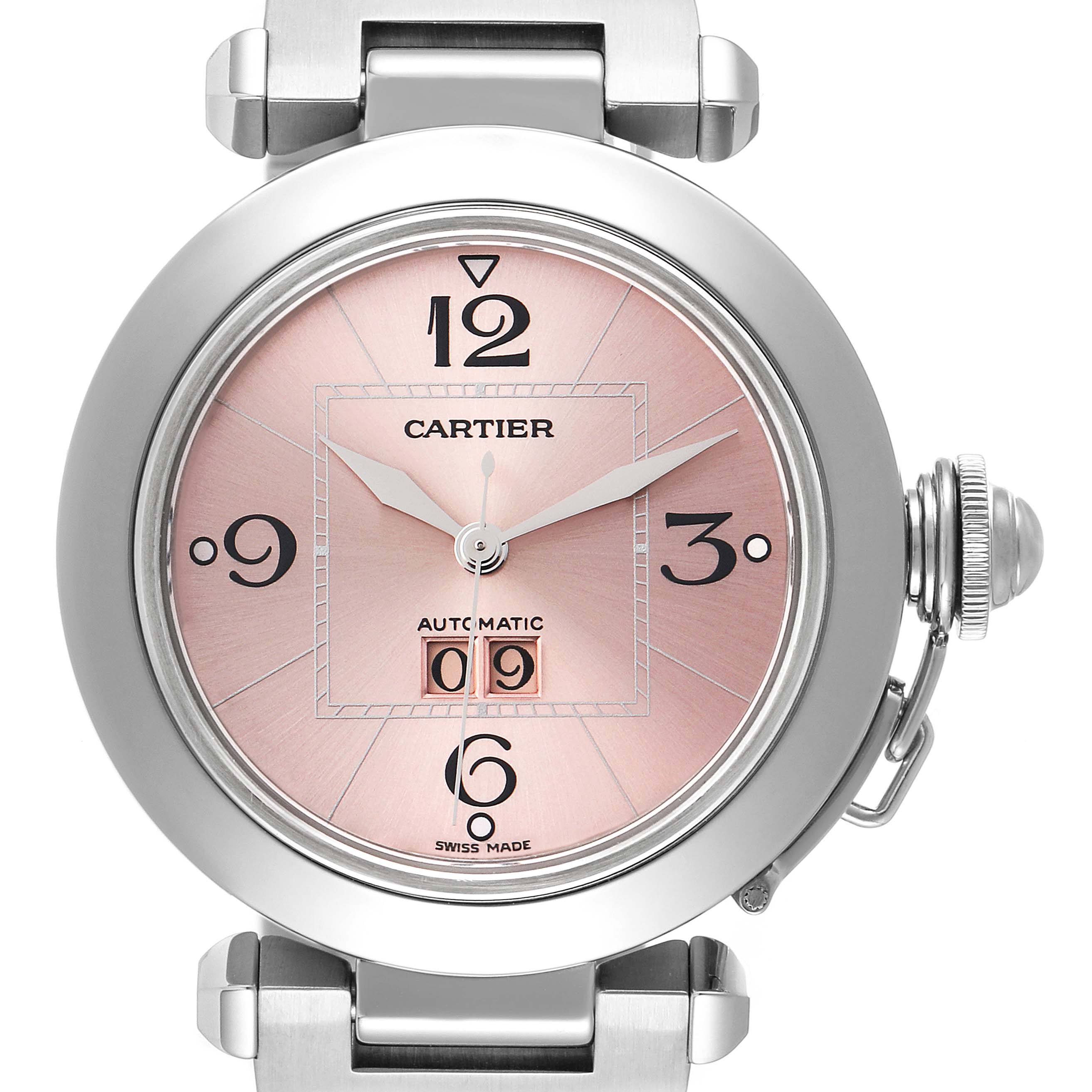 This Cartier Pasha W31058M7 Women's Stainless Steel Pink Dial W31058M7 Women's Stainless Steel Pink Dial watch is shown from the front, displaying its pink dial, numerals, and the crown guard.