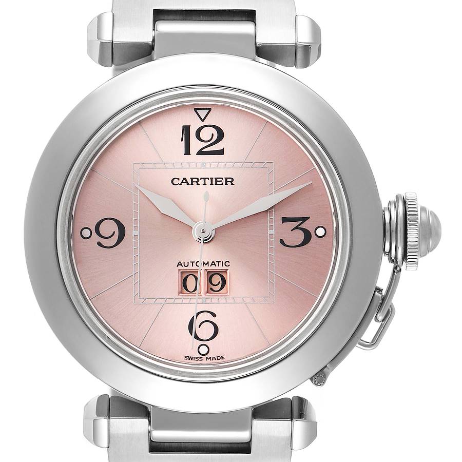 Cartier Pasha Big Date 35mm Pink Dial Steel Ladies Watch W31058M7 Box Papers SwissWatchExpo