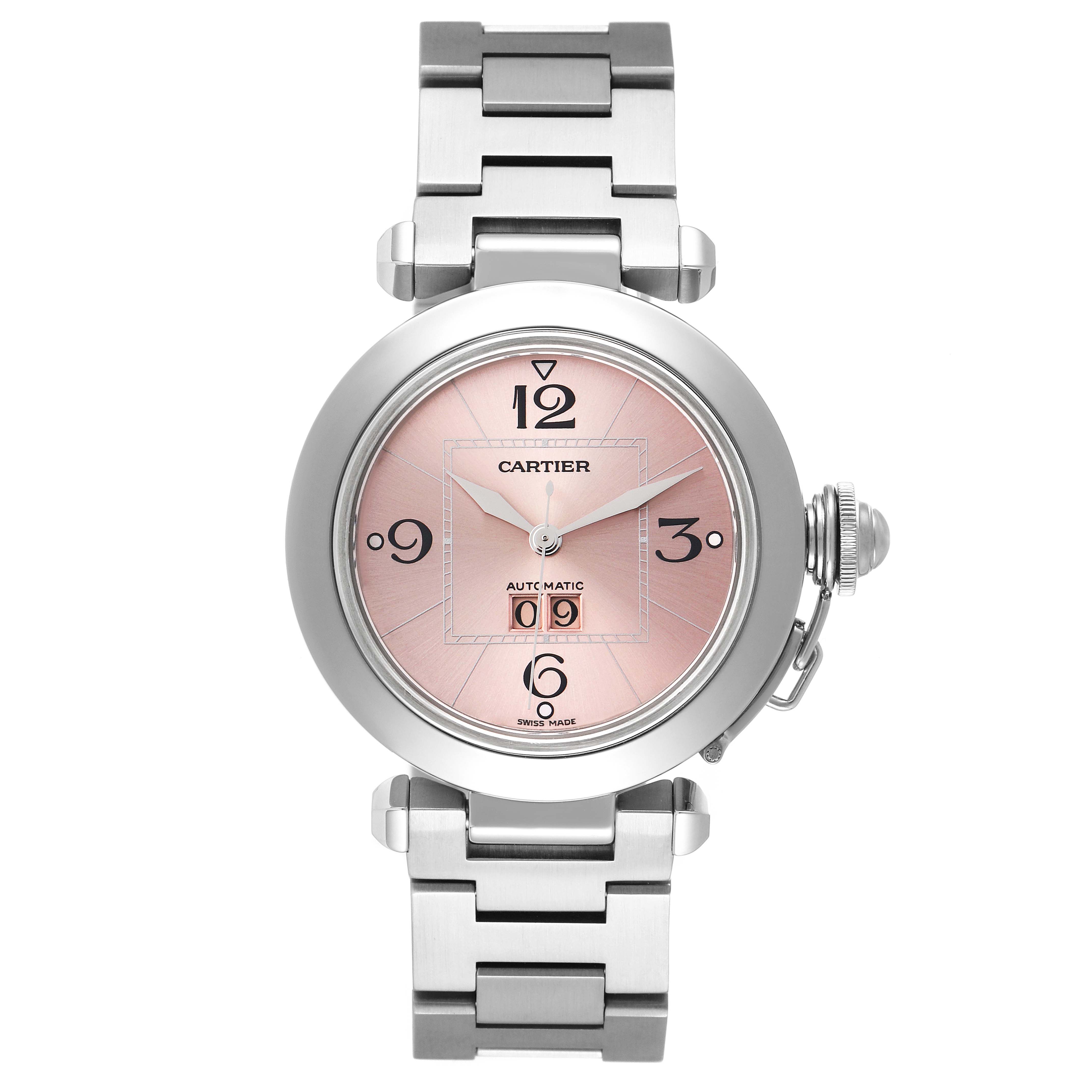 The image shows a frontal view of the Cartier Pasha W31058M7 Women's Stainless Steel Pink Dial W31058M7 Women's Stainless Steel Pink Dial watch, highlighting its face, dial, bracelet, and crown.