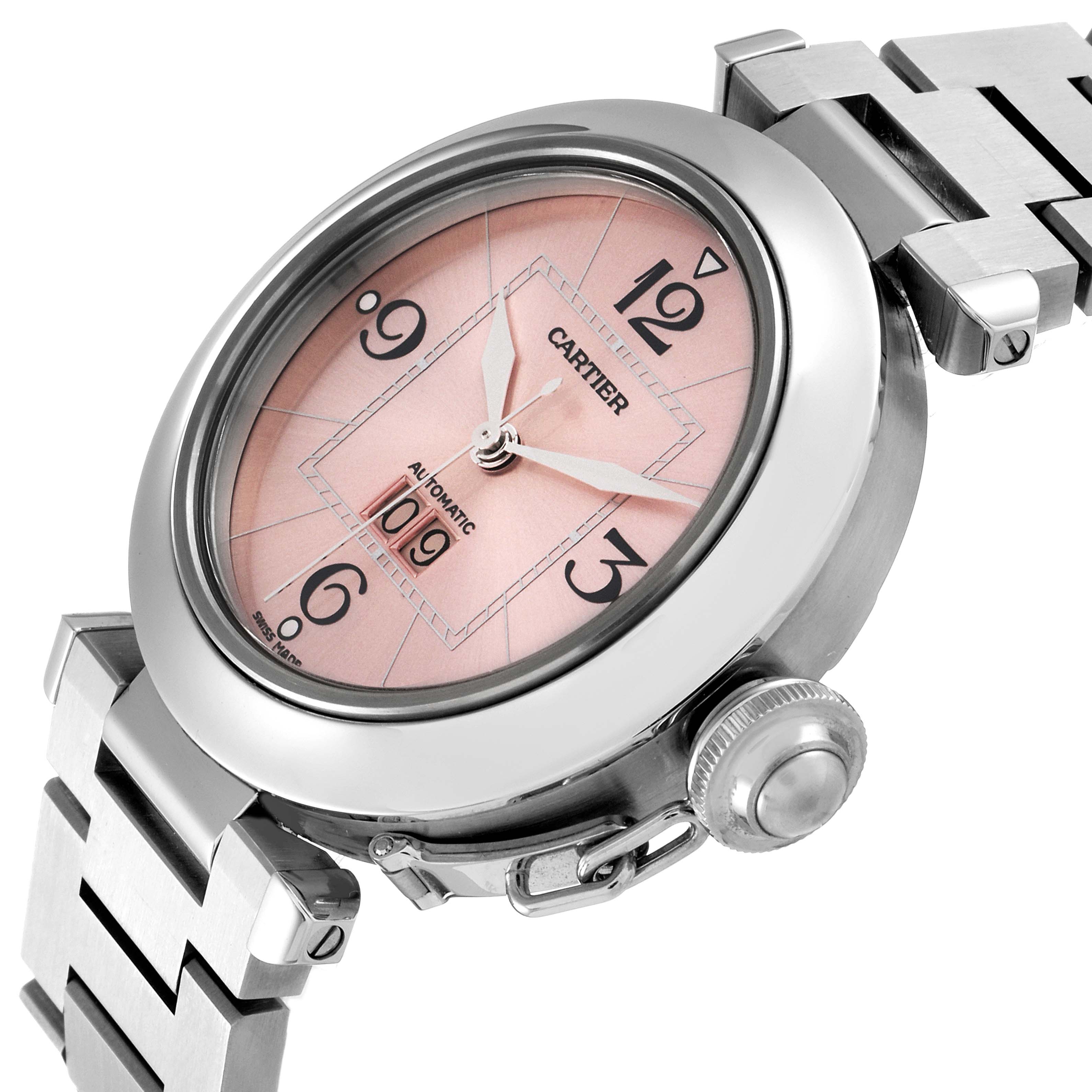 The image shows a Cartier Pasha W31058M7 Women's Stainless Steel Pink Dial W31058M7 Women's Stainless Steel Pink Dial watch at an angled close-up, highlighting the face, bezel, crown, and part of the bracelet.