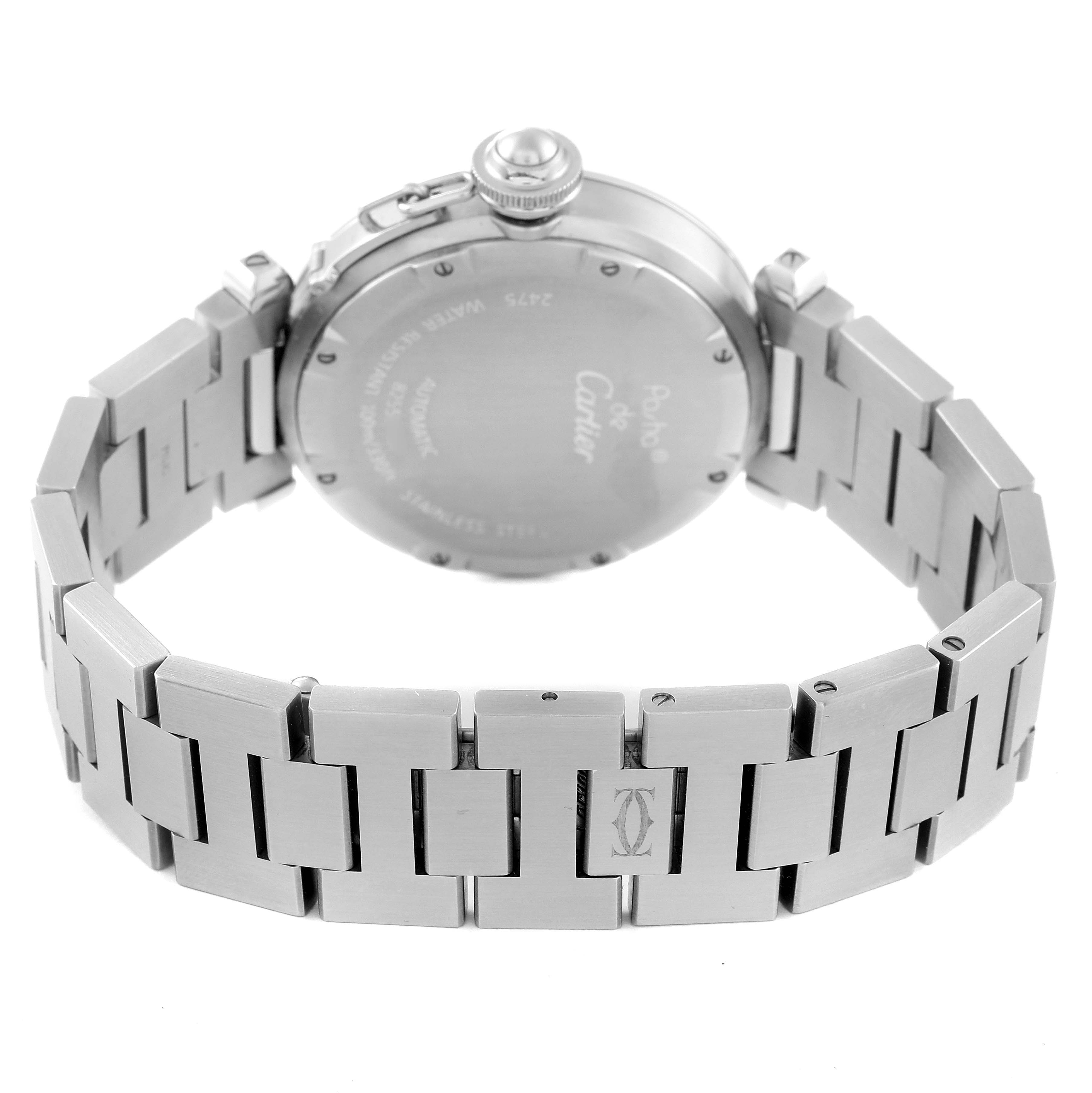 The image shows the back view and bracelet of a Cartier Pasha W31058M7 Women's Stainless Steel Pink Dial W31058M7 Women's Stainless Steel Pink Dial model watch.