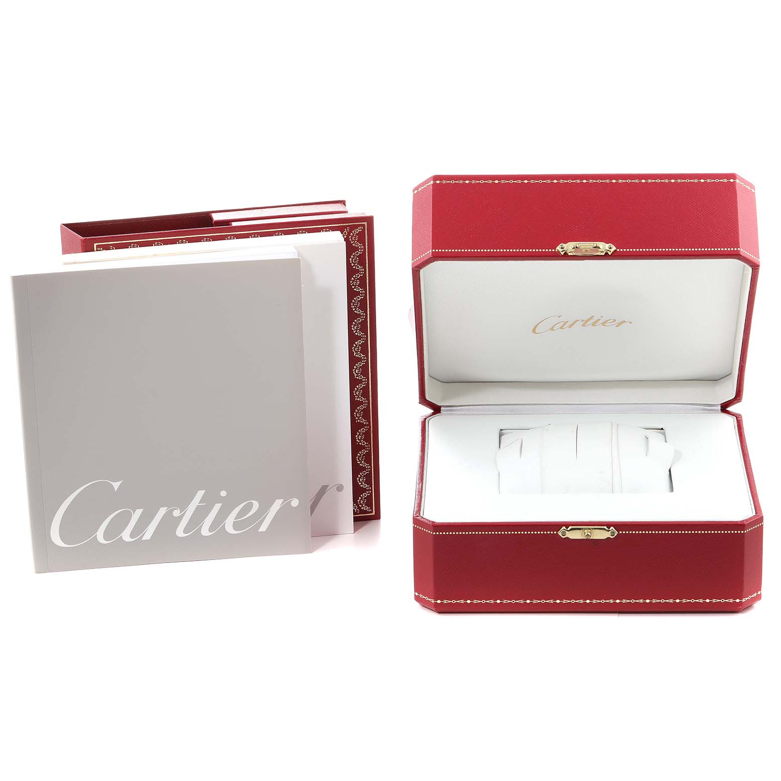 The image shows the packaging and box for the Cartier Pasha W31058M7 Women's Stainless Steel Pink Dial W31058M7 Women's Stainless Steel Pink Dial watch, including the outer box, booklet, and open watch case.