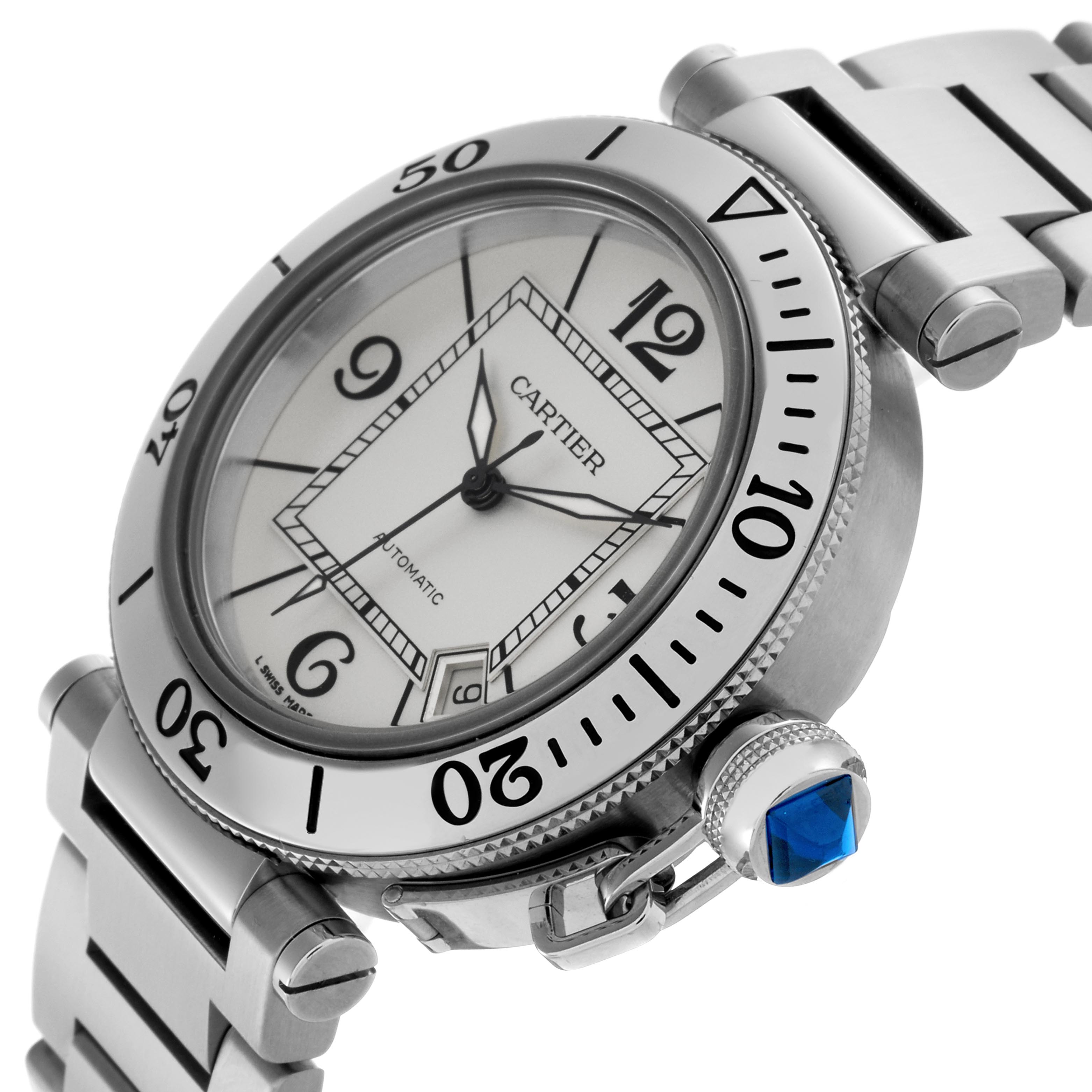 The Cartier Pasha W31080M7 Men's Stainless Steel Silver Dial W31080M7 Men's Stainless Steel Silver Dial watch is shown at a slight side angle, highlighting the face, bezel, lugs, and signature blue cabochon crown.
