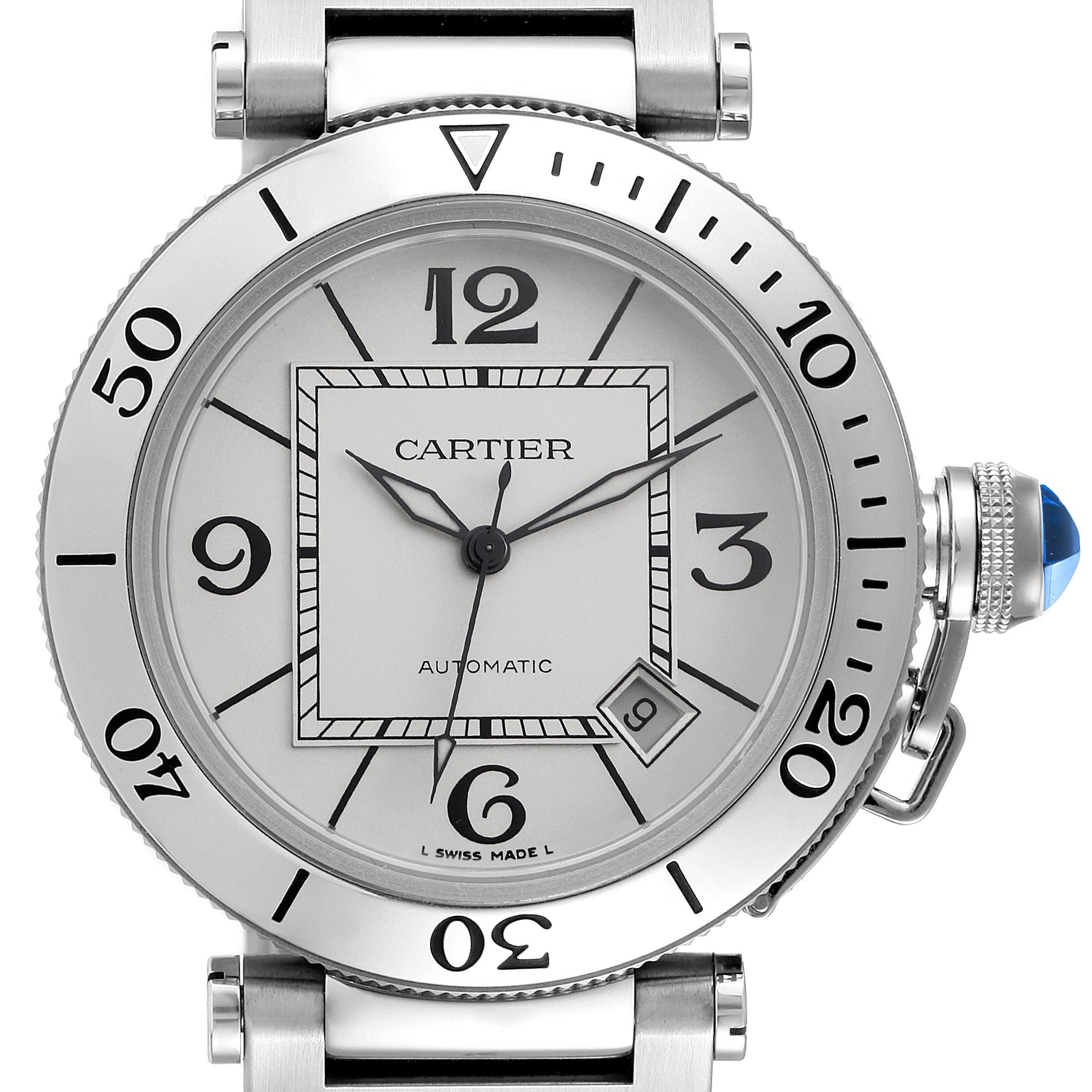 The Cartier Pasha W31080M7 Men's Stainless Steel Silver Dial W31080M7 Men's Stainless Steel Silver Dial watch is shown from a front angle, highlighting the face, numerals, and distinctive crown with a blue cabochon.