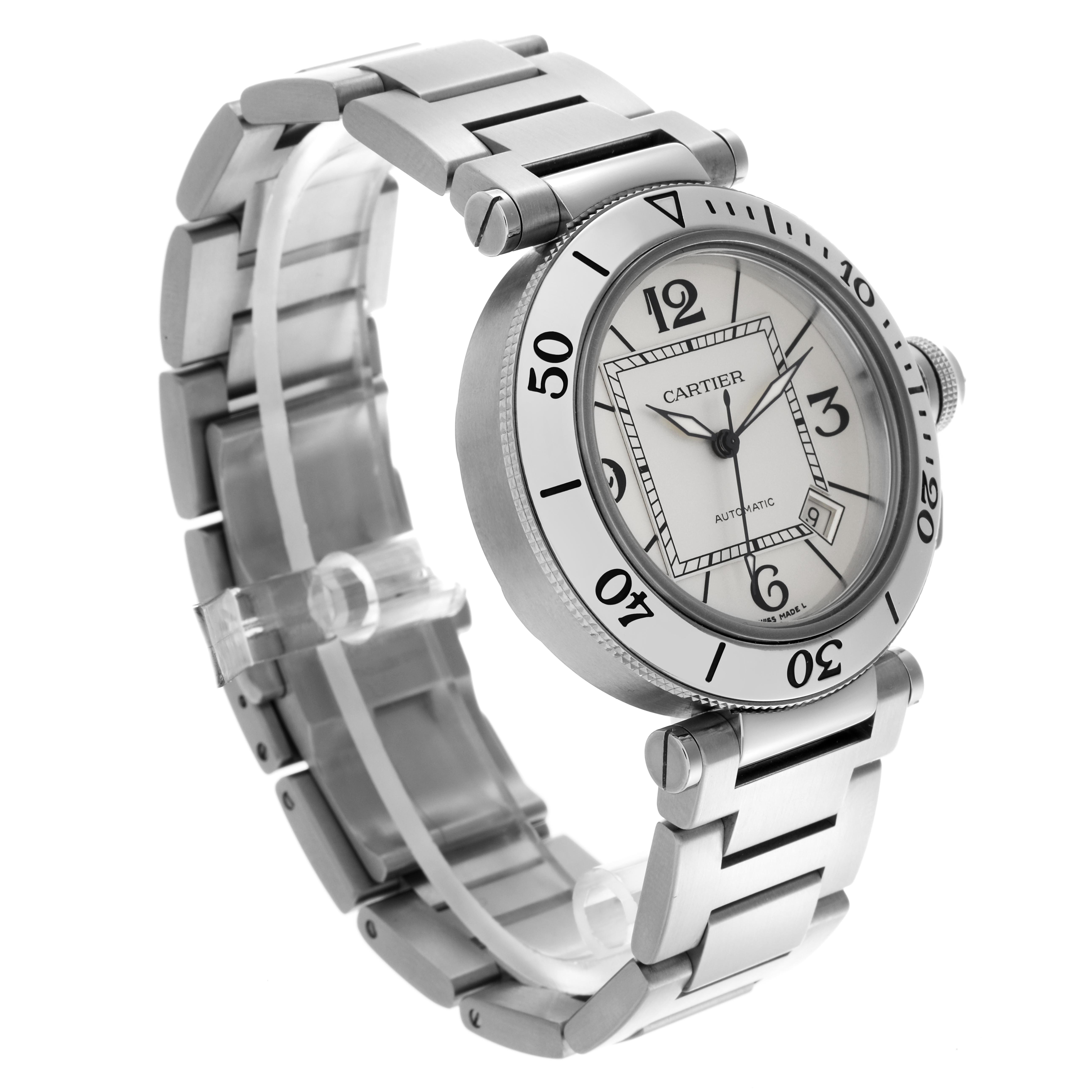 The Cartier Pasha W31080M7 Men's Stainless Steel Silver Dial W31080M7 Men's Stainless Steel Silver Dial watch is shown at a three-quarter angle, highlighting the face, bezel, and bracelet.