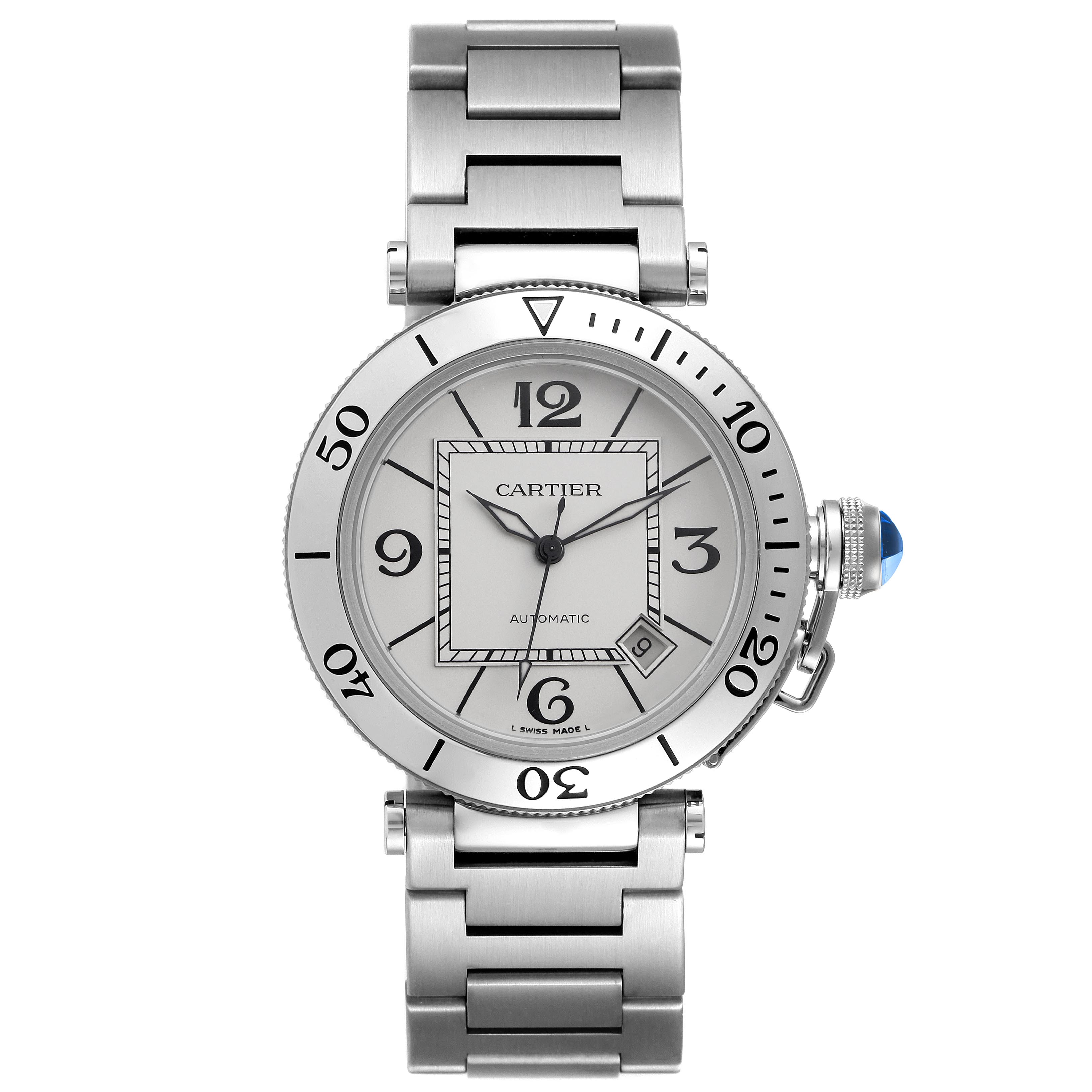 The Cartier Pasha W31080M7 Men's Stainless Steel Silver Dial W31080M7 Men's Stainless Steel Silver Dial watch is shown from a straight-on angle, displaying the entire face, bezel, and part of the bracelet.