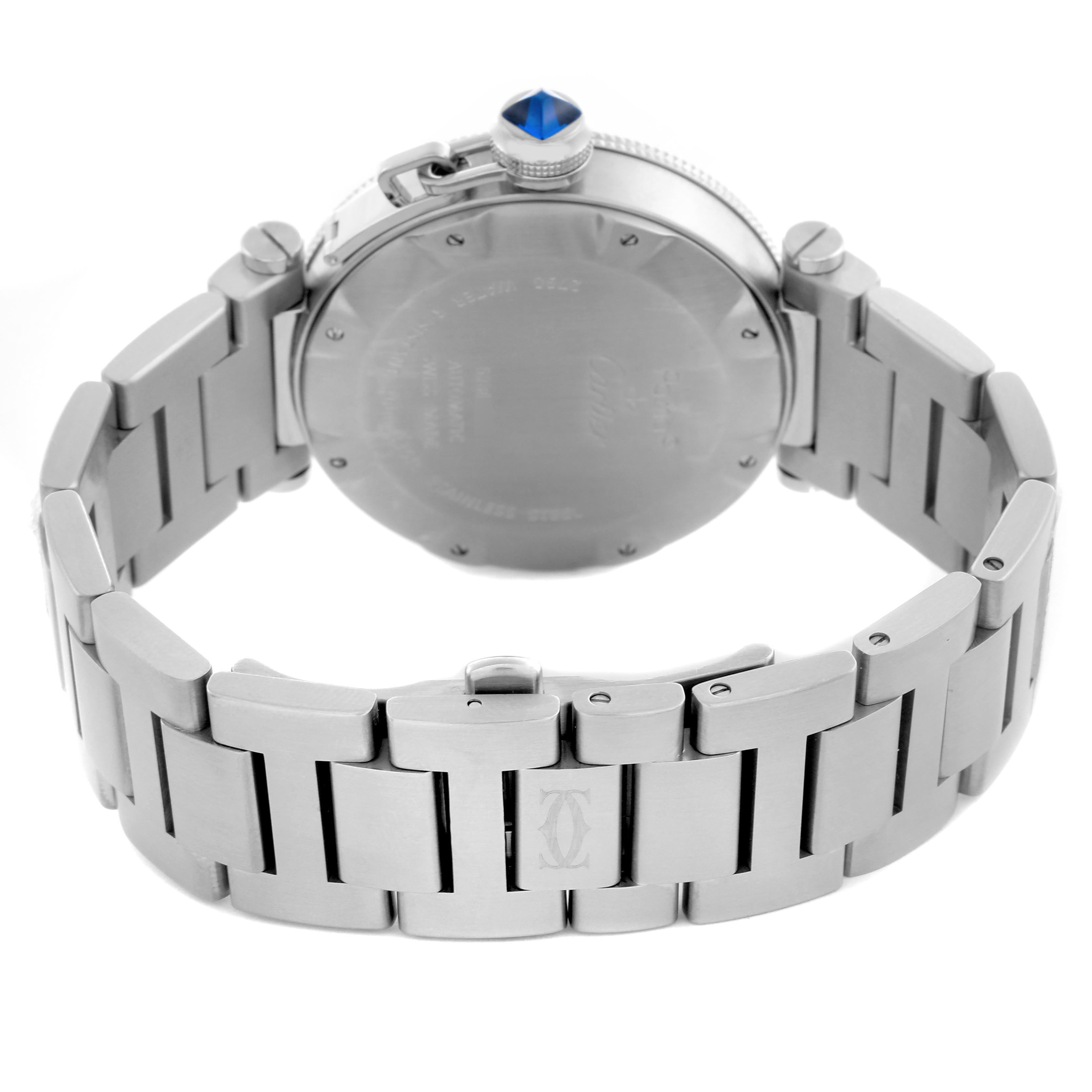 The image shows the Cartier Pasha W31080M7 Men's Stainless Steel Silver Dial W31080M7 Men's Stainless Steel Silver Dial watch from the back, highlighting the case, crown, bracelet, and deployment clasp.