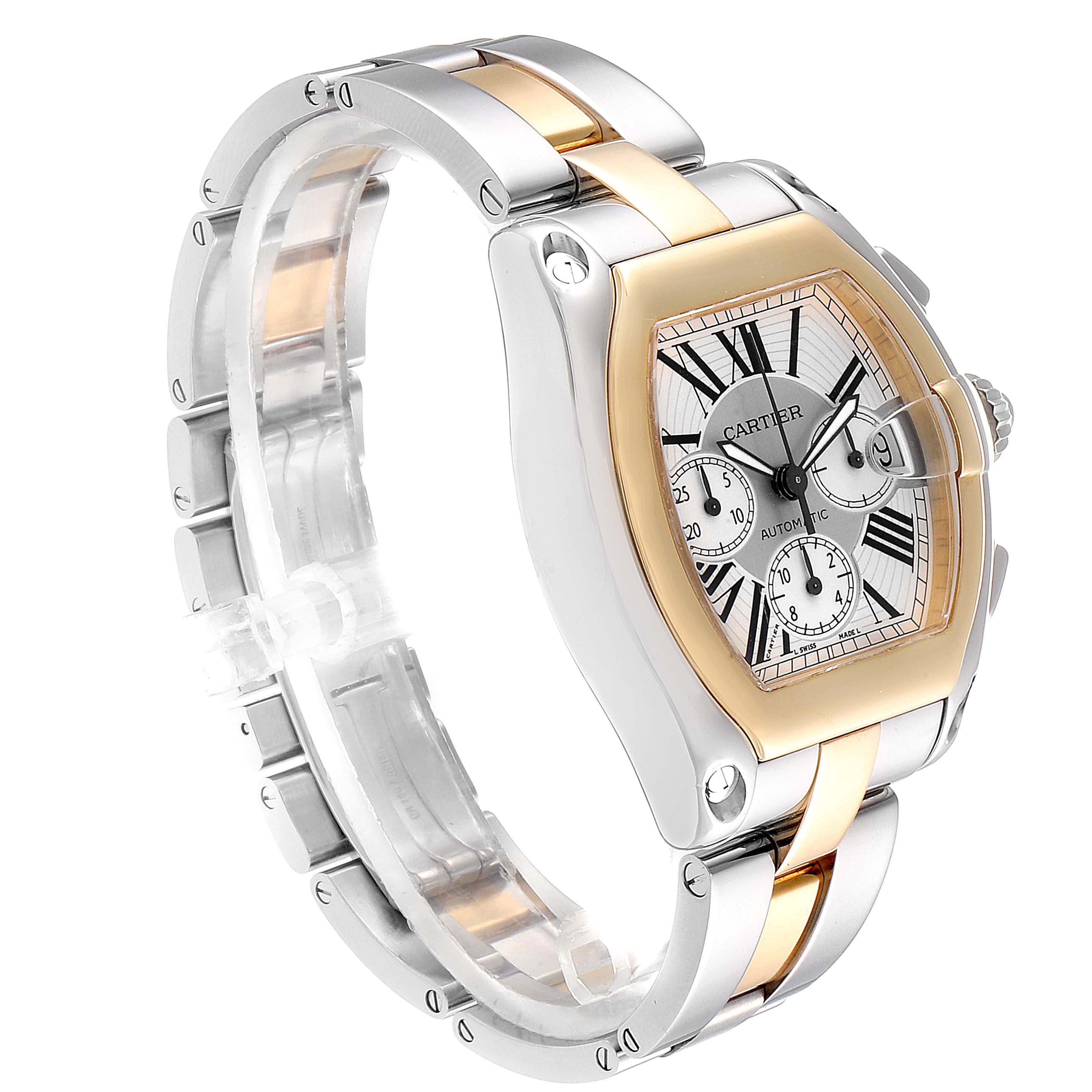 This image shows a side view of a Cartier Roadster W62027Z1 Men
s Steel and Gold (two tone) Silver Dial W62027Z1 Men
s Steel and Gold (two tone) Silver Dial watch, highlighting the bracelet, case, and dial.