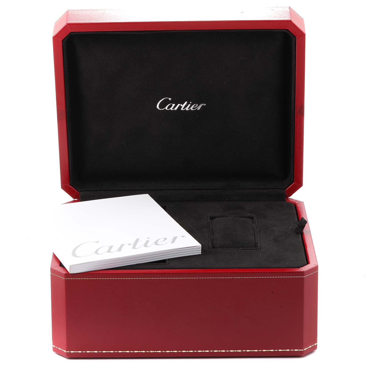 The image shows a Cartier Roadster W62027Z1 Men
s Steel and Gold (two tone) Silver Dial W62027Z1 Men
s Steel and Gold (two tone) Silver Dial watch box and booklet from a front angle.