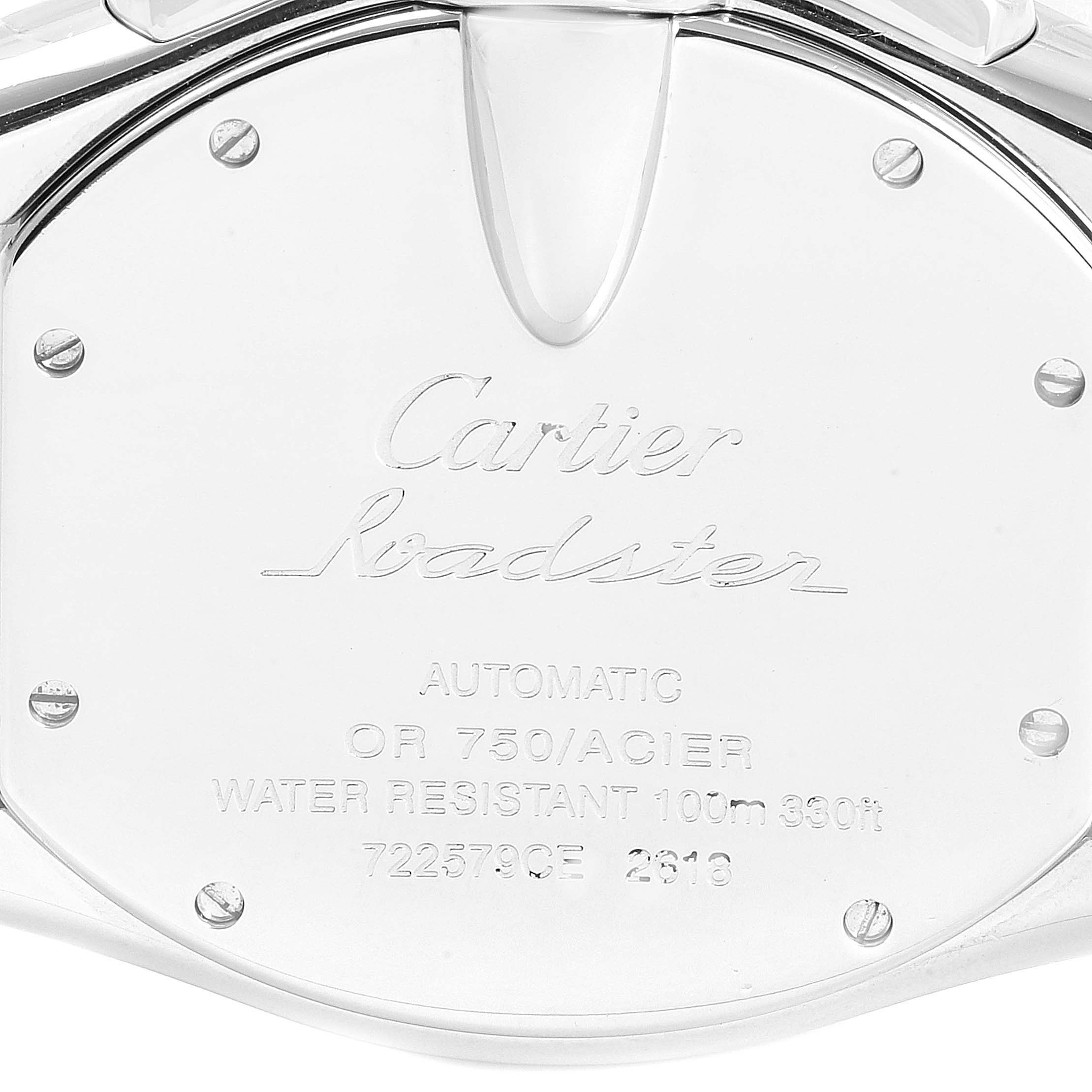 The image shows the back case of a Cartier Roadster W62027Z1 Men
s Steel and Gold (two tone) Silver Dial W62027Z1 Men
s Steel and Gold (two tone) Silver Dial watch, highlighting the engravings and screws.