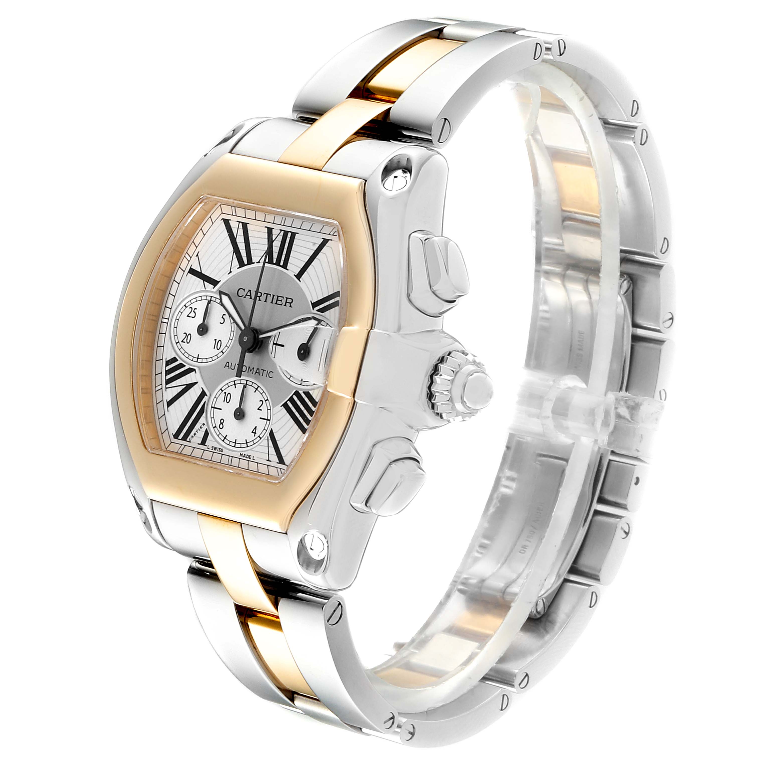 The Cartier Roadster W62027Z1 Men
s Steel and Gold (two tone) Silver Dial W62027Z1 Men
s Steel and Gold (two tone) Silver Dial watch is shown at a side angle, highlighting its face, crown, and bracelet.