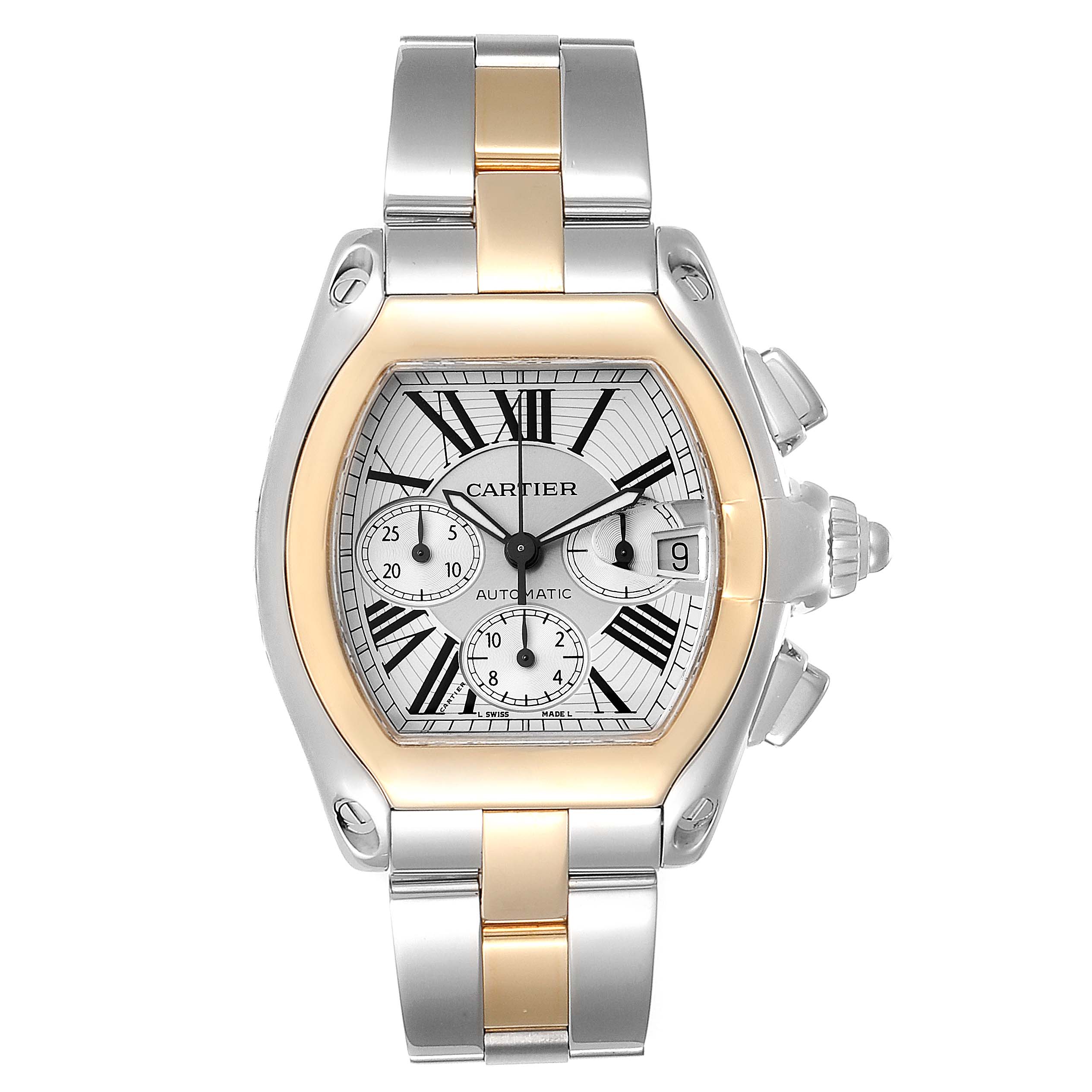 This image displays a front view of a Cartier Roadster W62027Z1 Men
s Steel and Gold (two tone) Silver Dial W62027Z1 Men
s Steel and Gold (two tone) Silver Dial watch, highlighting its dial, bezel, and bracelet.