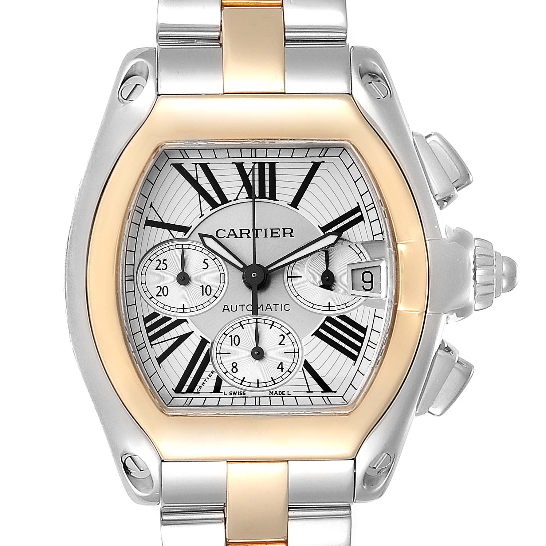 This is a close-up view of the Cartier Roadster W62027Z1 Men
s Steel and Gold (two tone) Silver Dial W62027Z1 Men
s Steel and Gold (two tone) Silver Dial watch face, showing its silver dial, Roman numerals, date window, chronograph subdials, and two-tone bracelet.