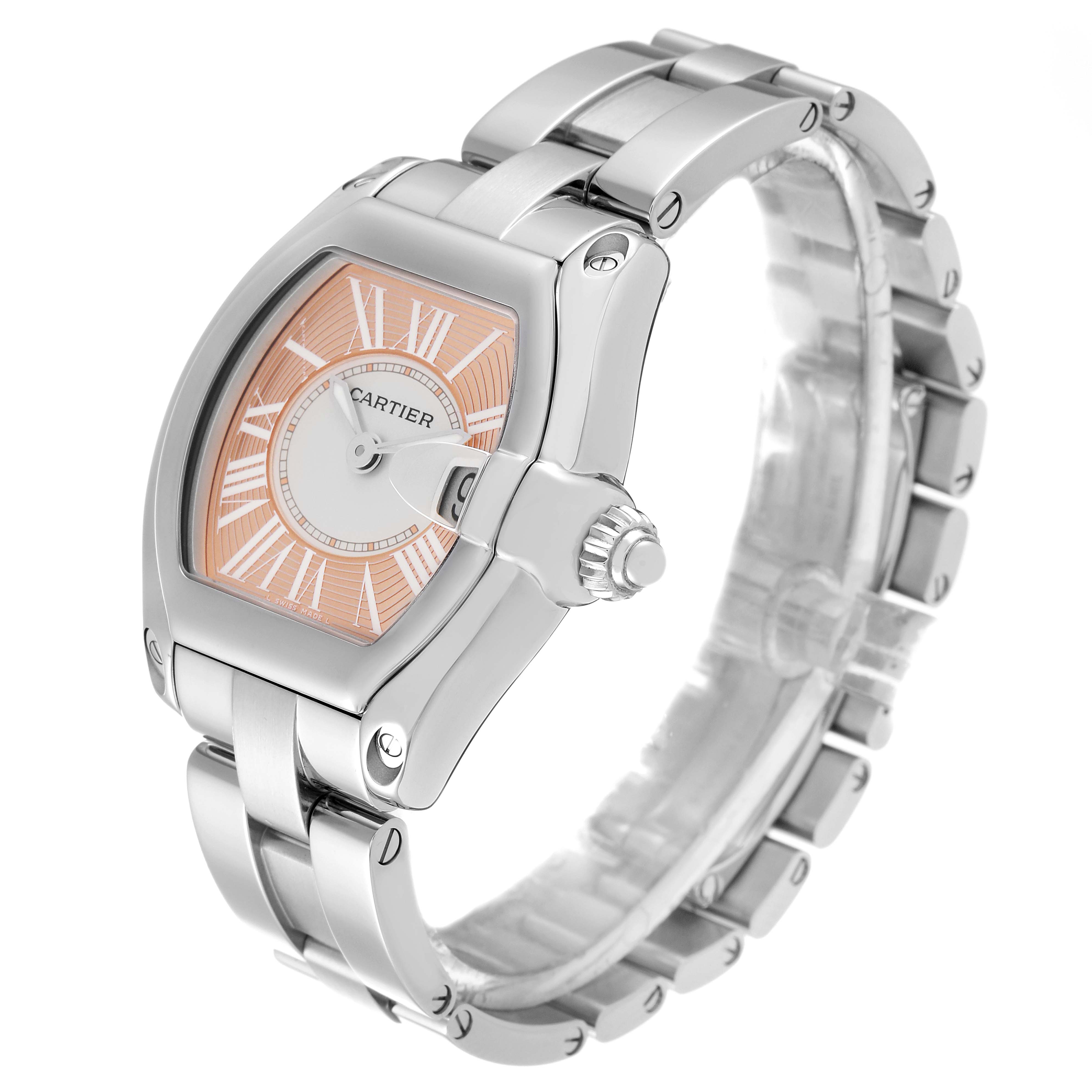 This image shows a side angle of a Cartier Roadster W62054V3 Women's Stainless Steel Pink Dial W62054V3 Women's Stainless Steel Pink Dial watch, displaying the face, case, and bracelet.