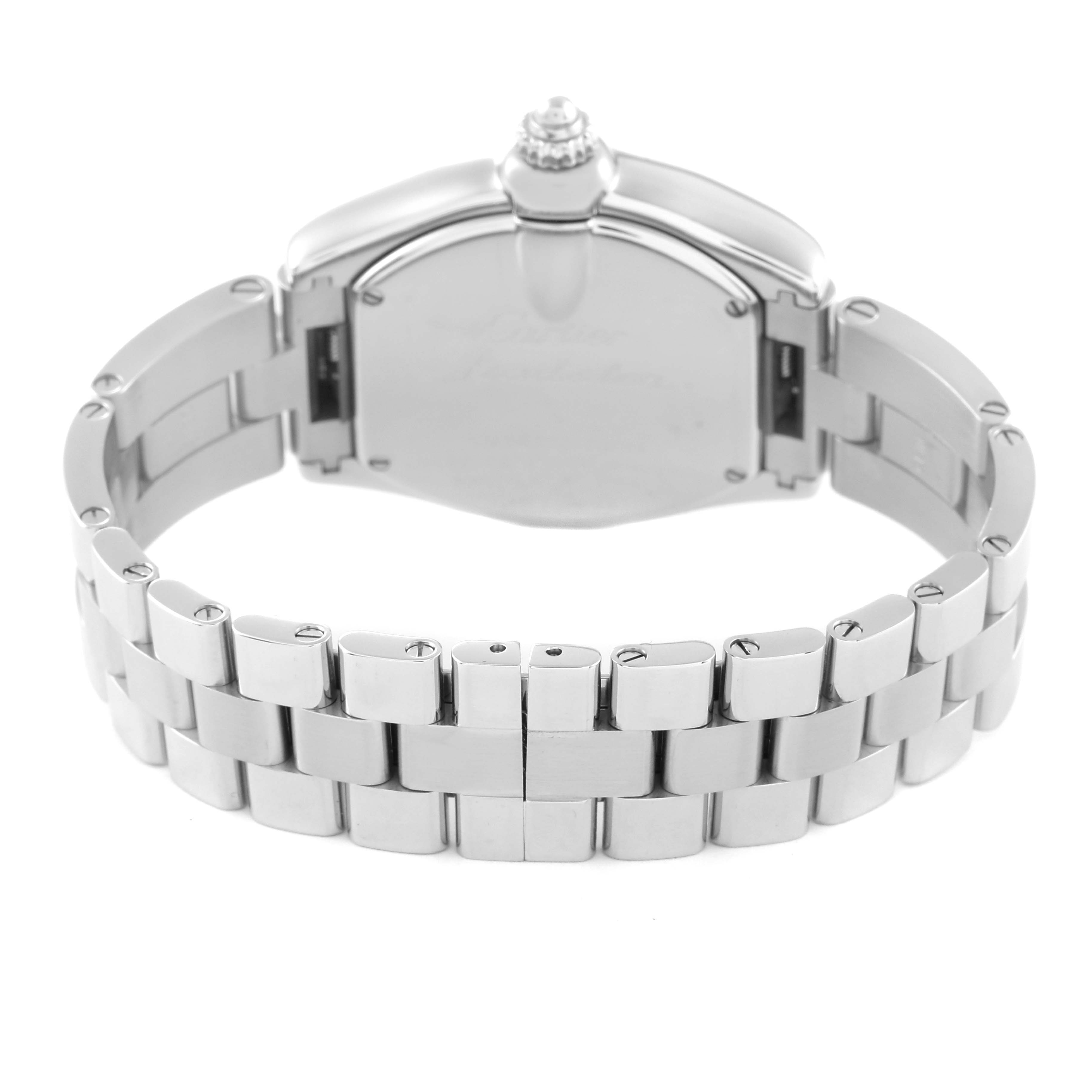 This image shows the back and the metal bracelet of the Cartier Roadster W62054V3 Women's Stainless Steel Pink Dial W62054V3 Women's Stainless Steel Pink Dial watch.
