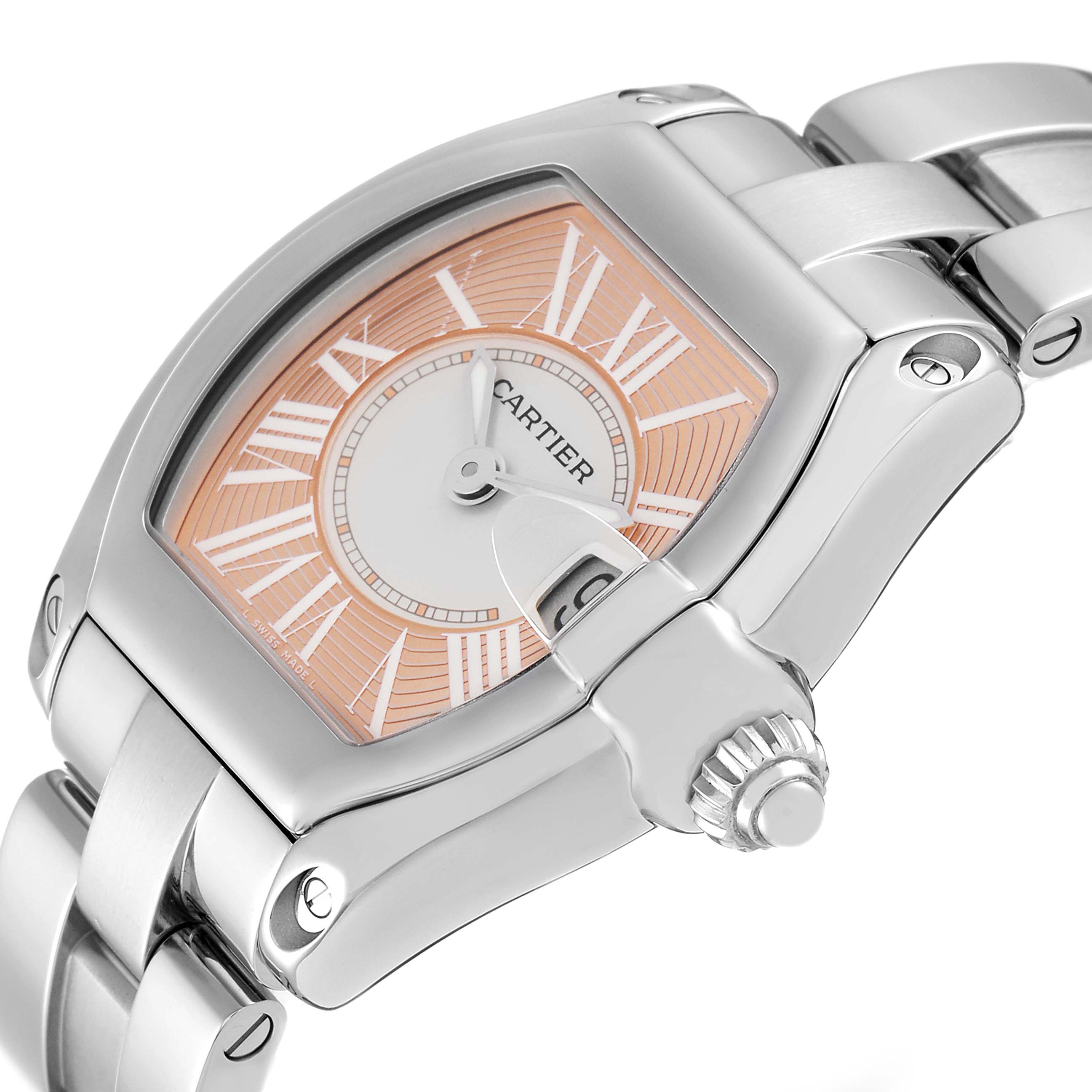 The image features a close-up of a Cartier Roadster W62054V3 Women's Stainless Steel Pink Dial W62054V3 Women's Stainless Steel Pink Dial watch displaying its dial, case, and part of the bracelet from an angled side view.