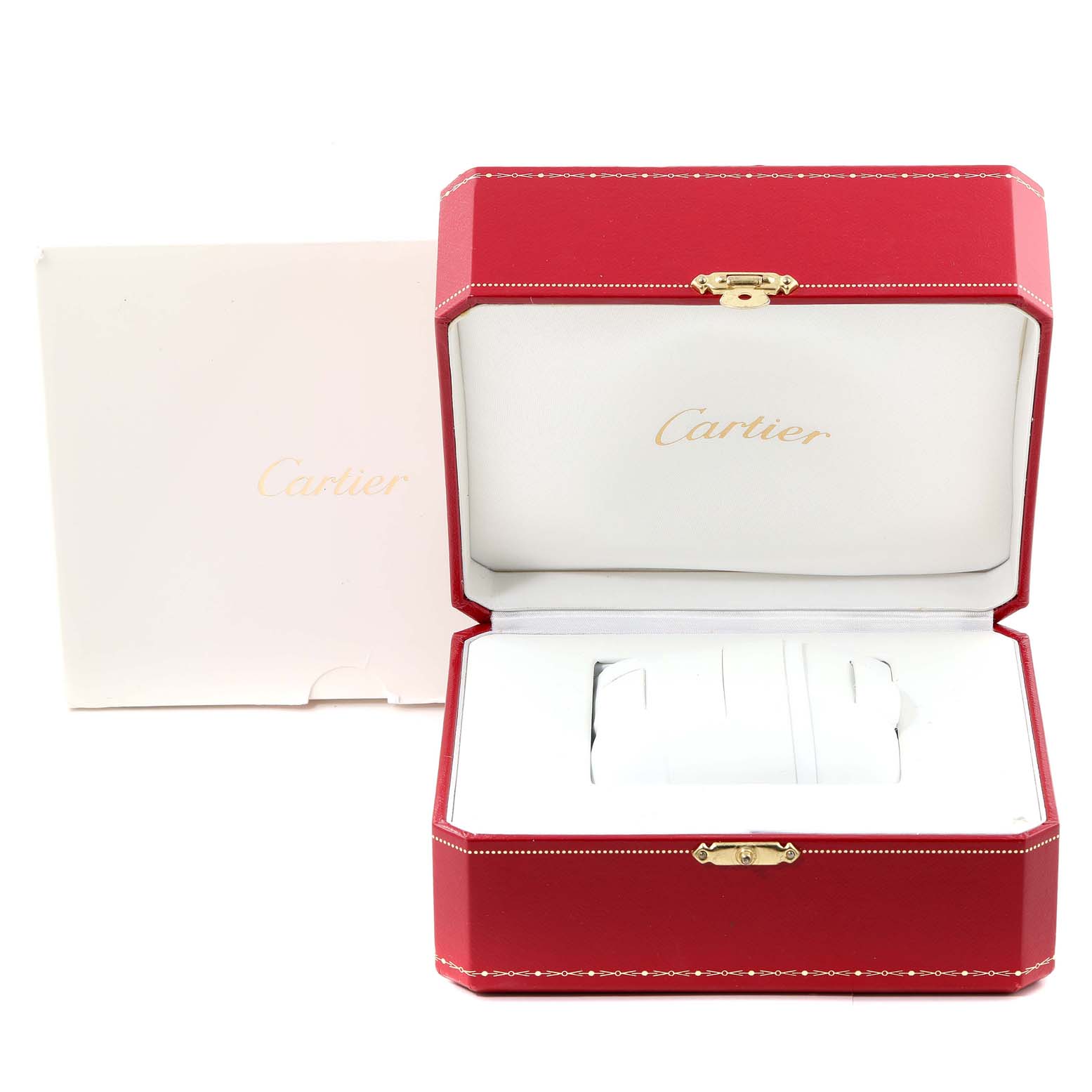 The image shows a Cartier Roadster W62054V3 Women's Stainless Steel Pink Dial W62054V3 Women's Stainless Steel Pink Dial watch box, including a red outer box and a white inner cushion.